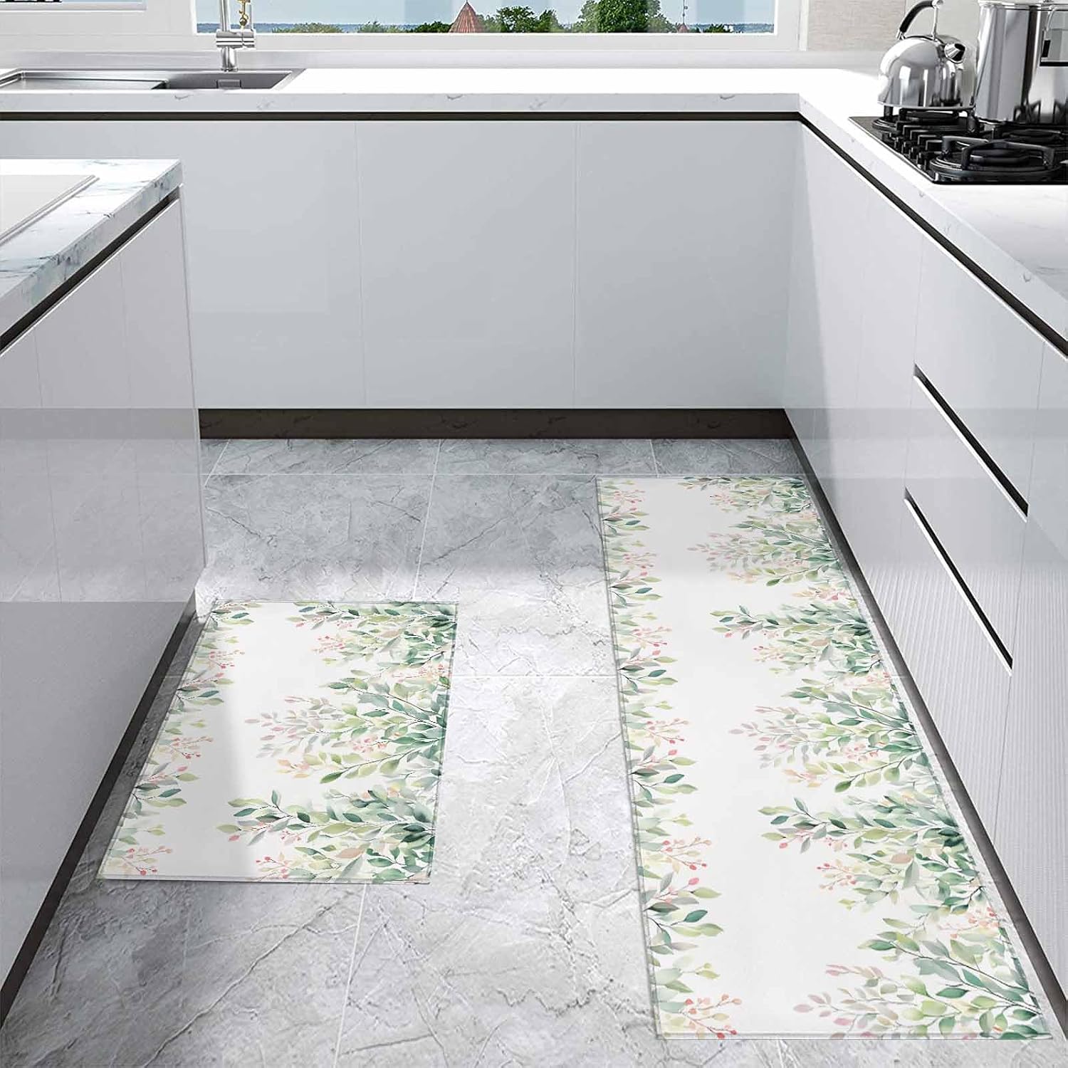 Kitchen Mats for Floor Spring Green Gradient Leaves Washable Non Slip Kitchen Rugs 2PCS, Watercolor Leaf on White Absorbent Standing Mats for Sink Bathroom Office Living Room 15.7x23.6in+15.7x47.2in