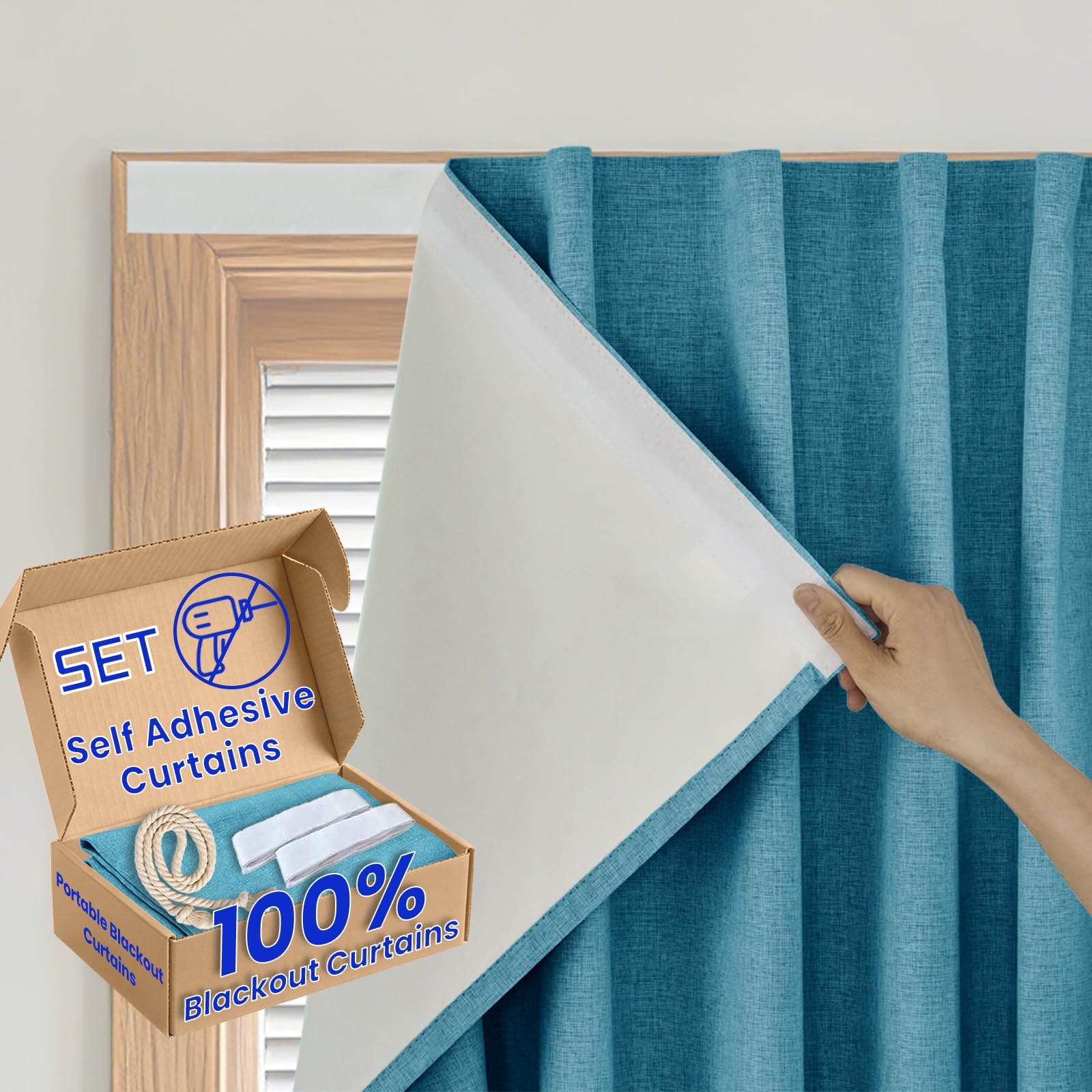 100% Blackout Self Adhesive Portable Curtains for Bedroom Easy to Install Window Thermal Lnsulated Kitchen Room Darkening Small Window Curtains, W34 x L80 inch, 1 Panel, Stone Blue