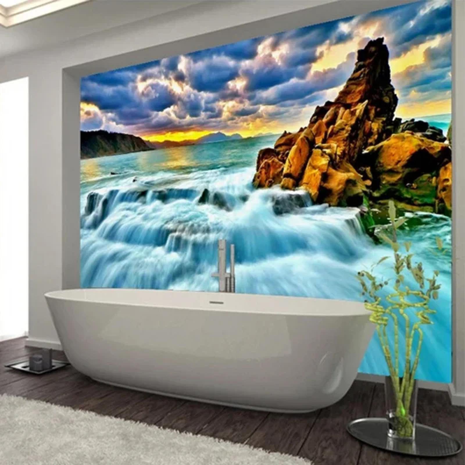 Papier peint adhésif paysage marin 3D imperméable et lavable pour décoration