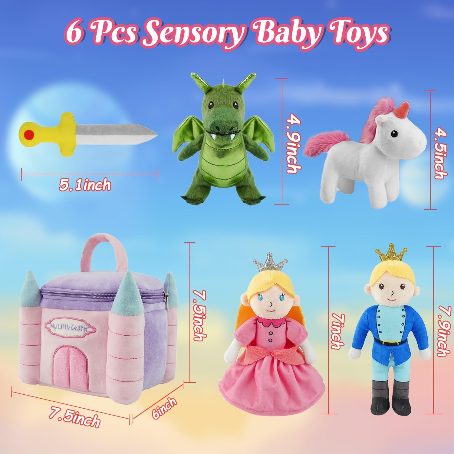 Castle Princess Baby Doll Stuffed Animal for Toddler 0-12 Months 1 2 3 Year Old Fairytale Plush Toys Castle Boy Girl Toy Set Montessori Soft Baby Toys with Prince, Unicorn, Dragon Baby Stuff Gift
