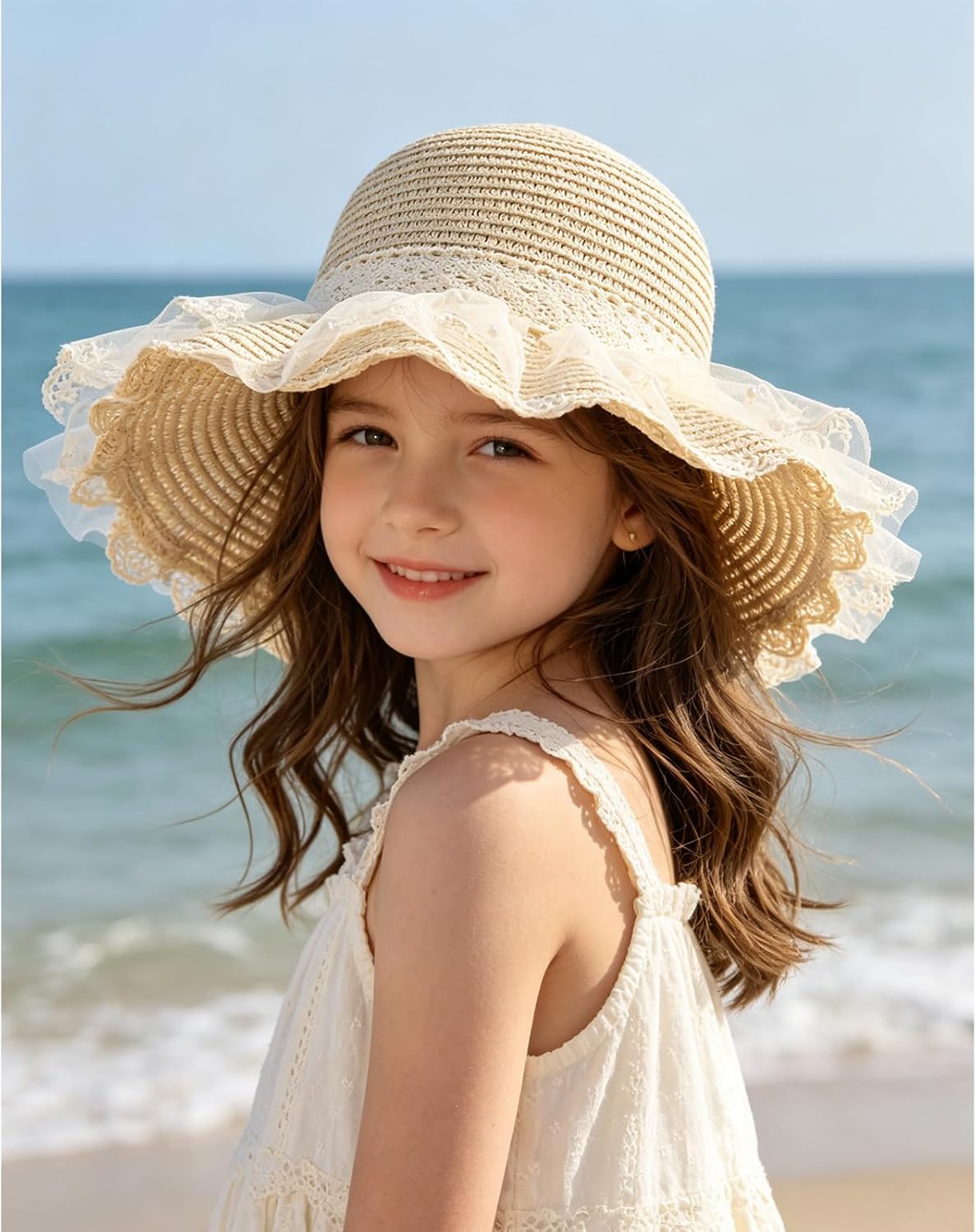 Toddler Girls Straw Beach Hat, 2‑5Y Kids Wide Brim UV Protection Foldable Wave Ruffled Summer Sun Hat