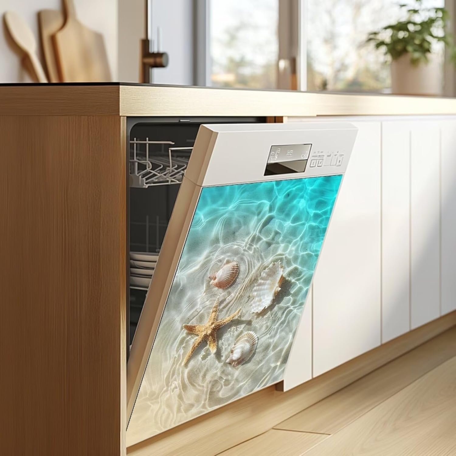 Dish Washer Magnet Cover Elegant Dishwasher Magnetic Panel Removable Panel for Appliances Refrigerator Decoration Complements Any Kitchen Style Cute Home Decor, Starfish Seashells Beach
