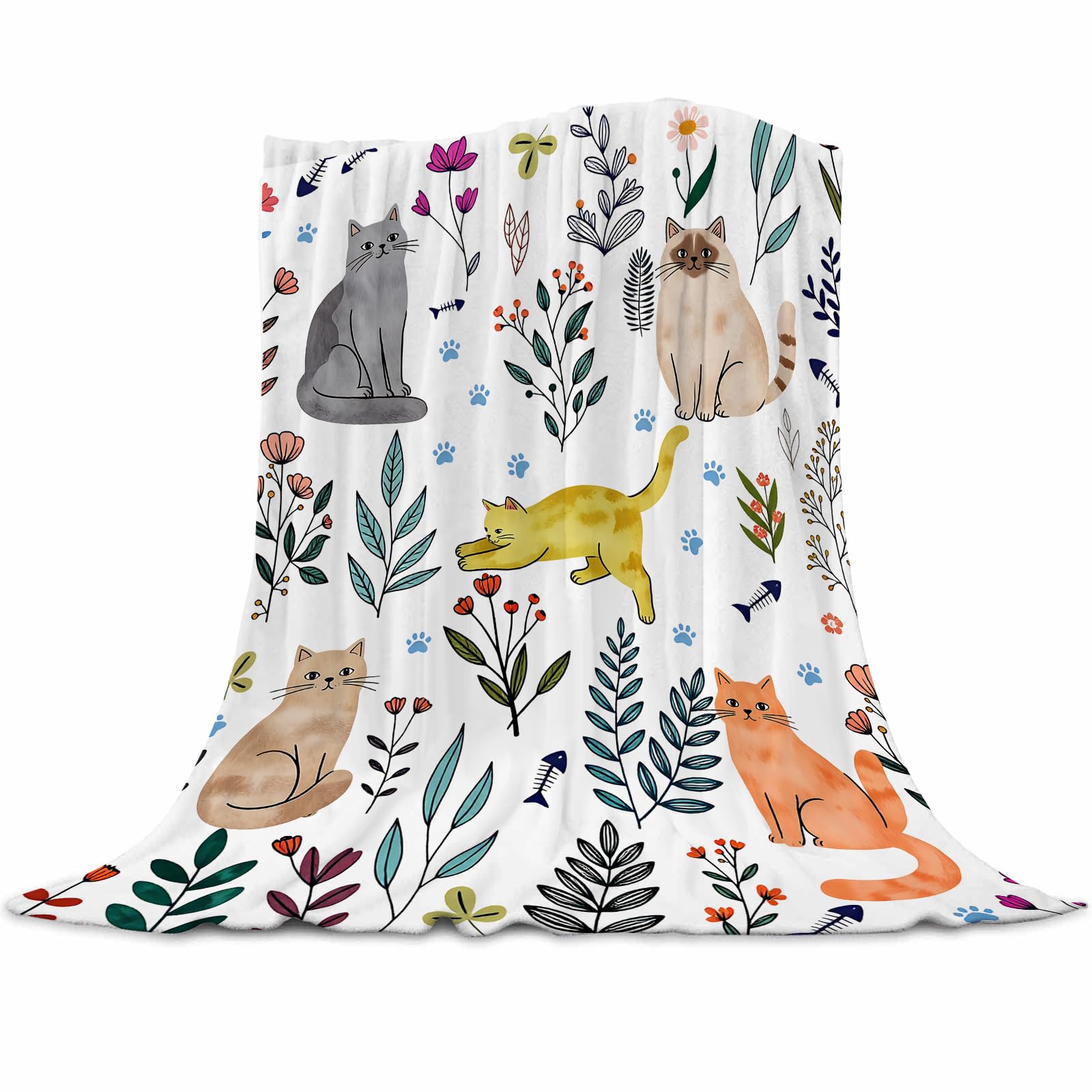 GOOESING Cat Floral Flower Throw Blanket Cats Themed Blanket Gift for Cat Lover Soft Cozy Flannel Blanket for Bed Chair Car Sofa Couch Bedroom 130x150cm(50x60 Inch)