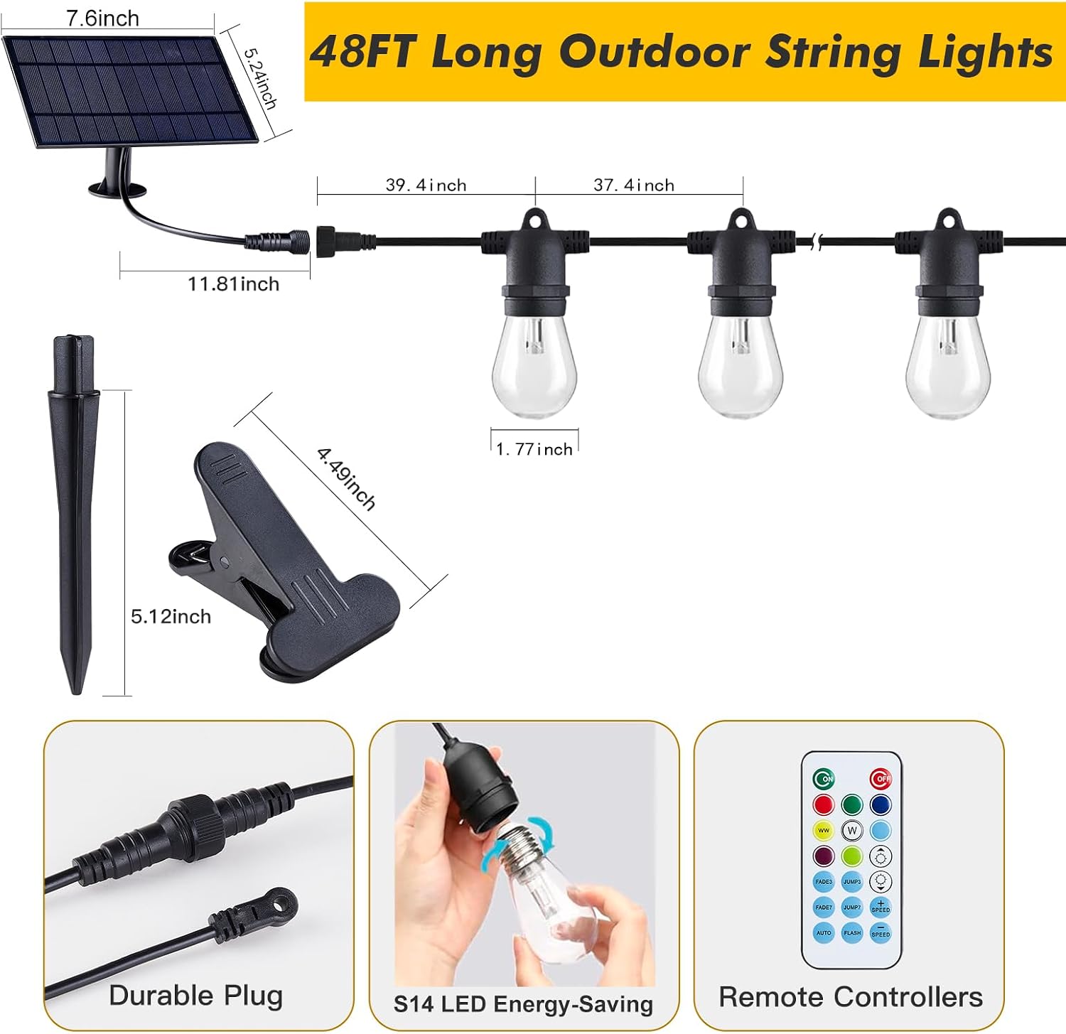 48FT Solar-Powered RGB Outdoor String Lights – Dimmable Waterproof Patio Lights with Remote Control for Garden, Backyard, and Deck