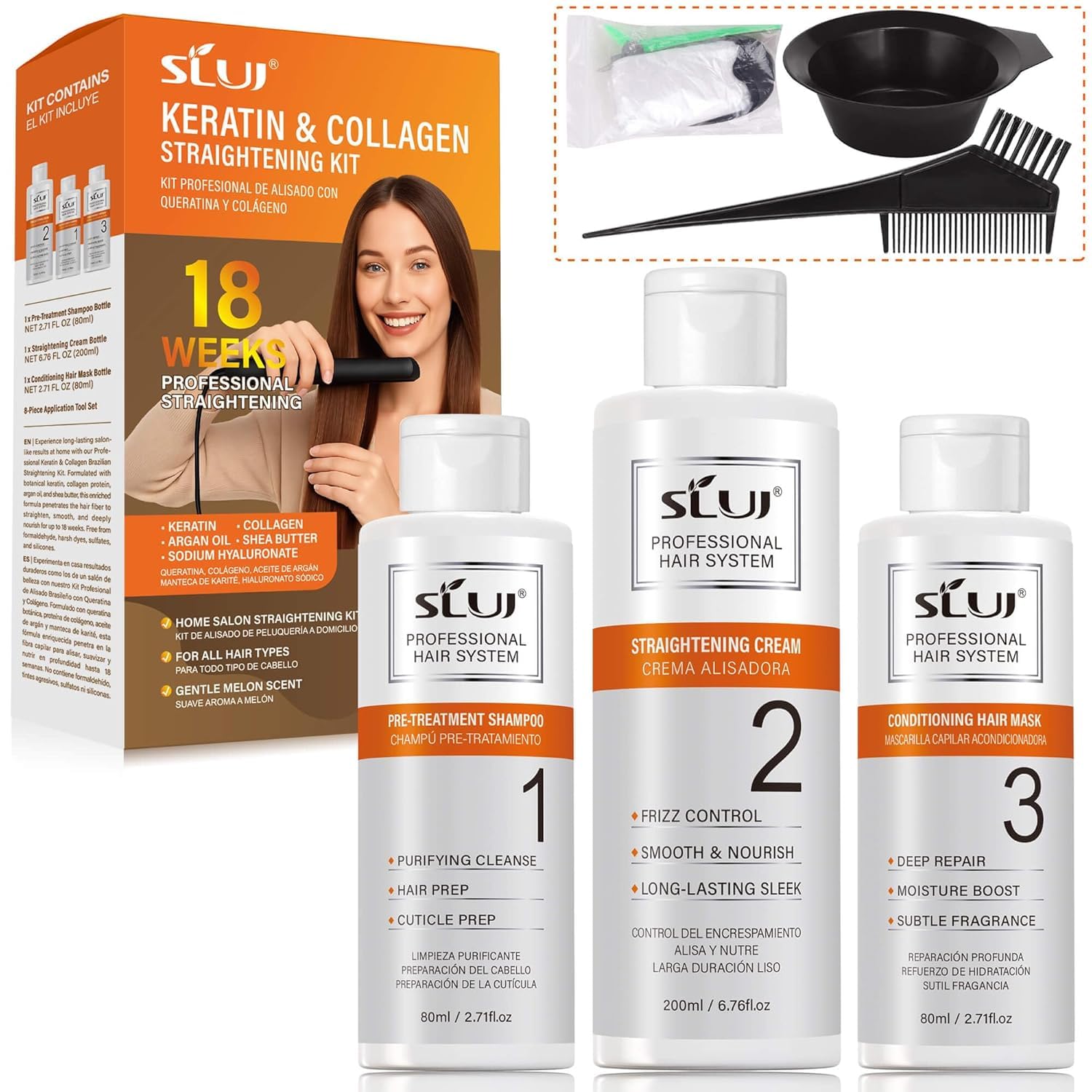 SLUJ Brazilian Keratin Treatment Kit at Home, Hair Straightening with Keratin, Collagen & Hyaluronic Acid, Up to 18 Weeks Frizz Control for Curly, Wavy, Frizzy Hair- Straightening Kit