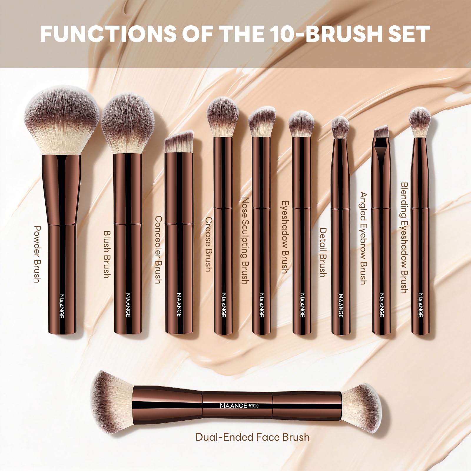 MAANGE 10 Pcs Travel Makeup Brush Set with Magnetic case, Premium Synthetic Short Handle Brushes for Foundation, Powder, Concealer, Eye Shadows, Makeup Brush Tools Set (Coffee Brown) - 4