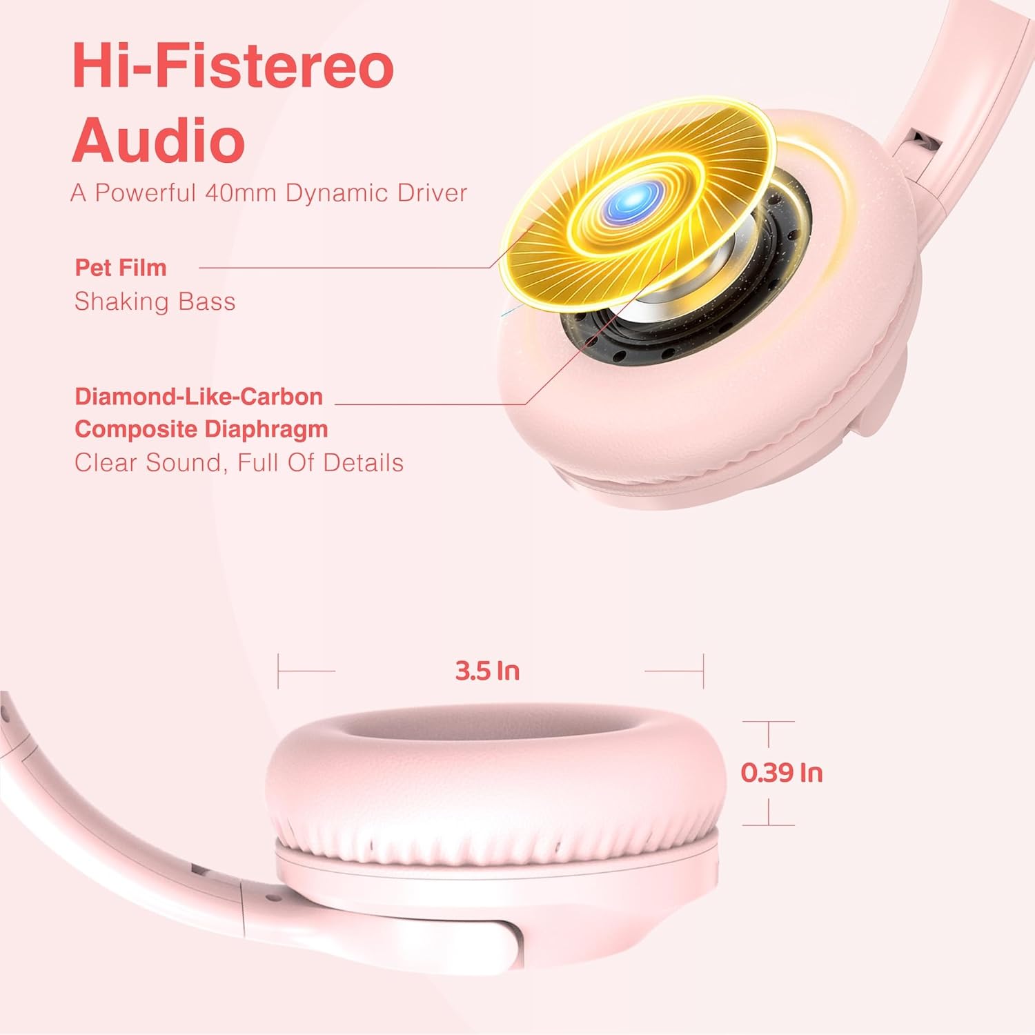 MIDOLA Wired Headphones Over-Ear Hi-Fi Sound with Microphone Adjustable Foldable, 1.5M Cord & 3.5mm Jack, Lightweight Headset for Kids Adults PC iPad Laptop Pink - Image 3