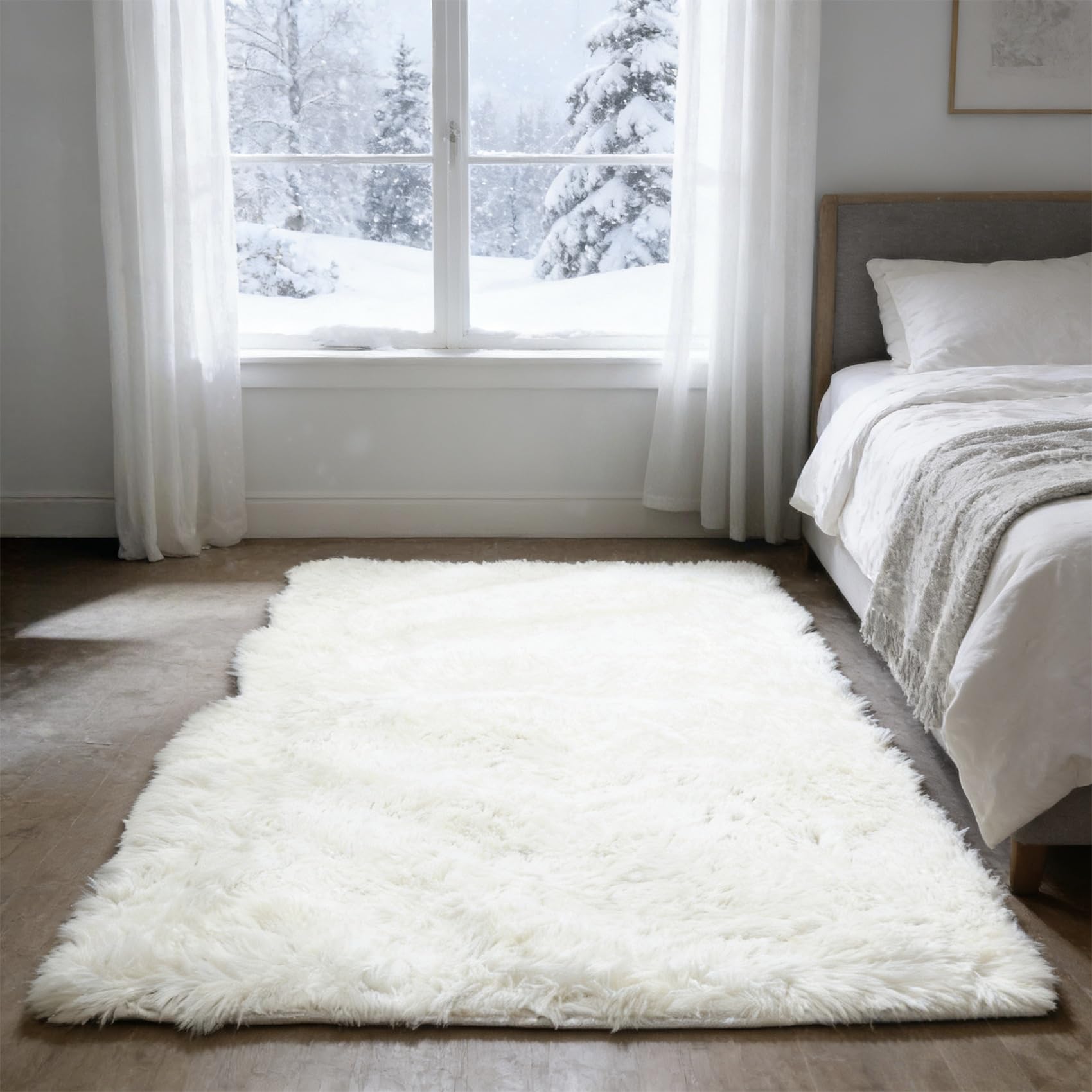 Tapis de salon 220x200 cm blanc shaggy à poils longs
