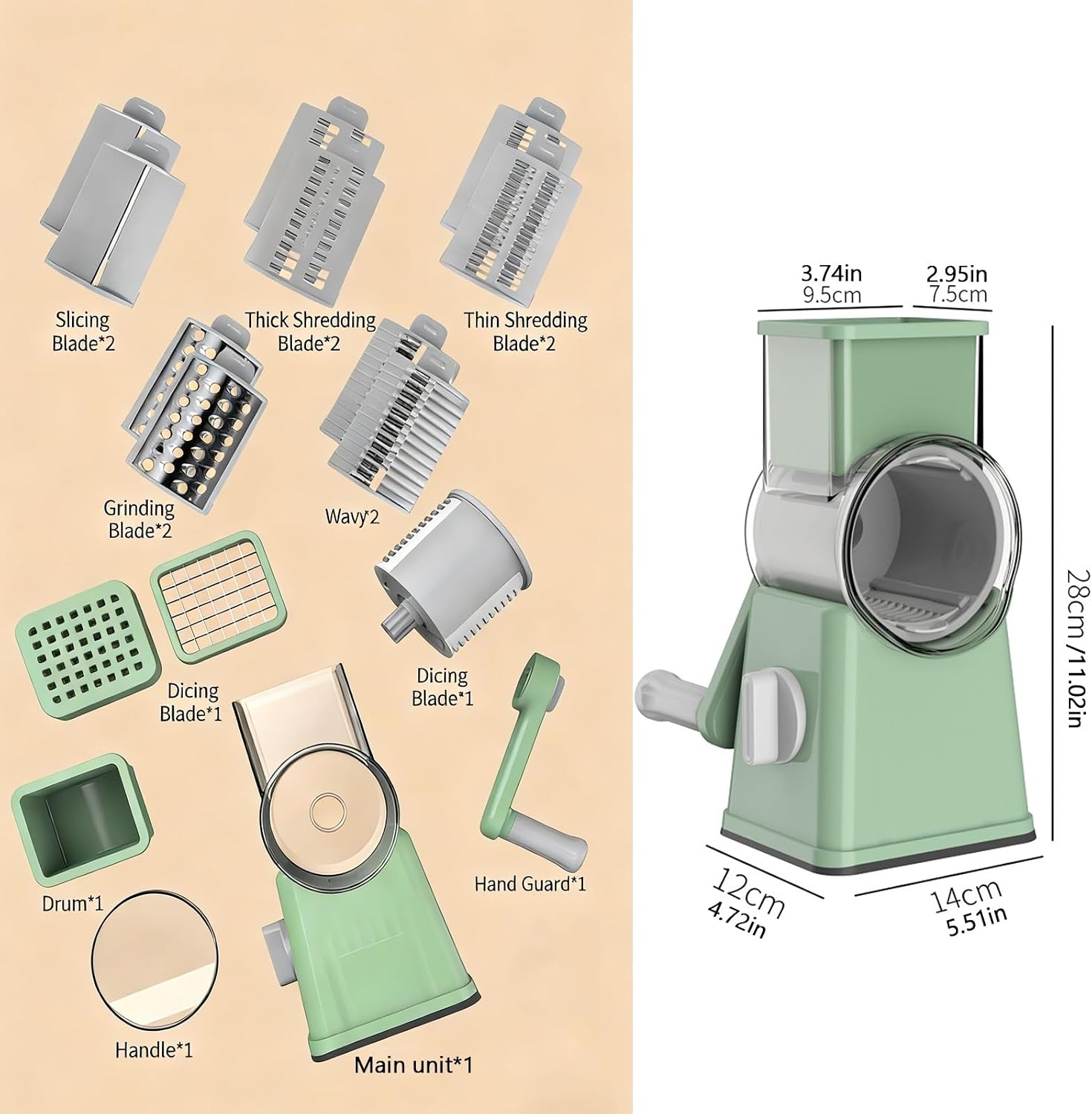 6-in-1 Cheese Grater Hand Crank,Vegetable and Cheese Shredder with Suction Base Rotary Cheeses Grater with Interchangeable Blades for Carrot/Cabbage/Cucumber(White)