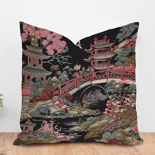 ArogGeld Chinoiserie - Funda de cojín cuadrada con diseño de pagoda y flor de coral carbón, estilo asiático, funda de cojín Chinoiserie Chic para