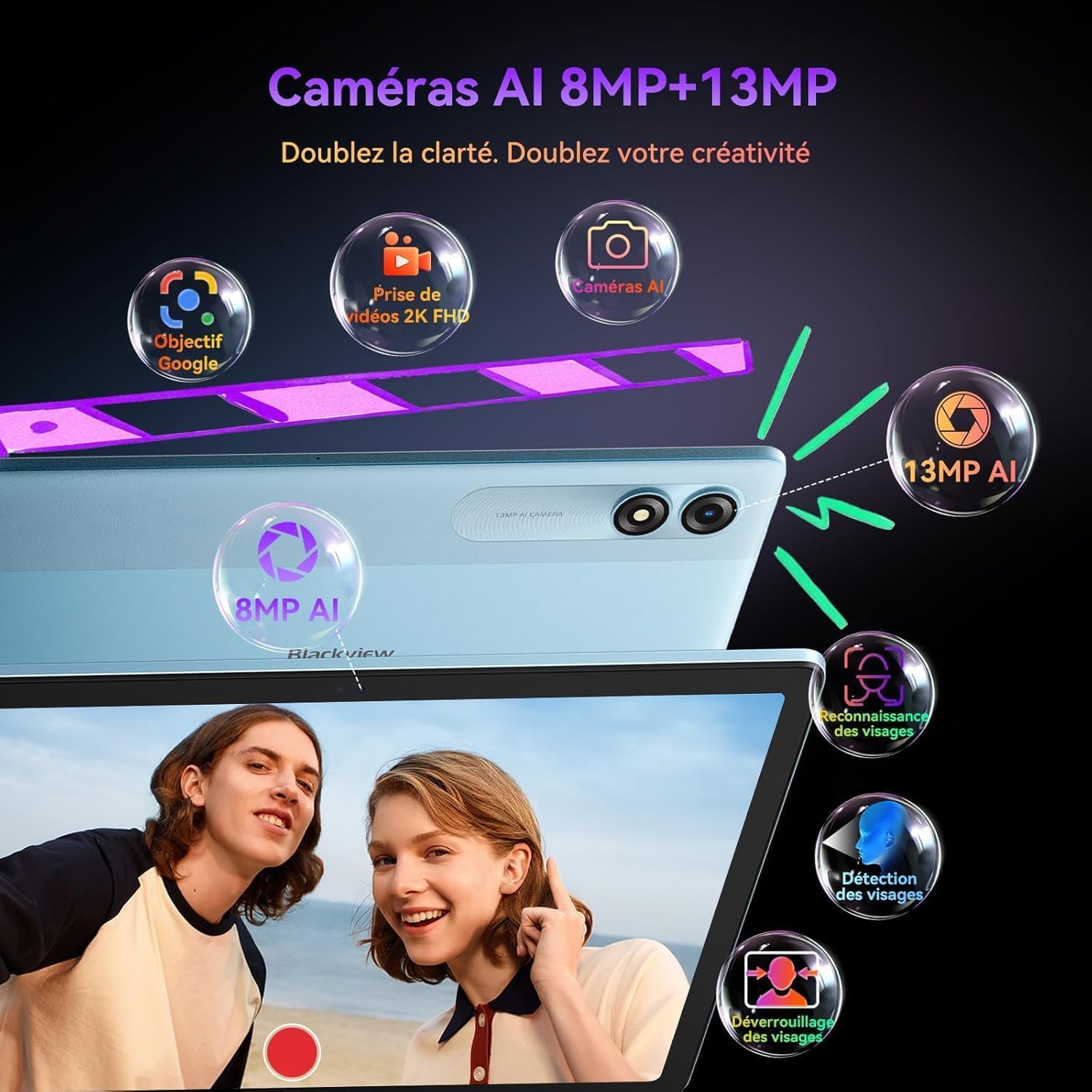Blackview Tab9WiFi Tablette 11 Pouces 2K FHD+, 18Go + 256Go (TF 2To), Octa Core Tablette Gaming, Android 14, Gemini AI, Tablette Tactile avec Widevine L1, 8200mAh, GMS, Bluetooth 5.0, Face ID