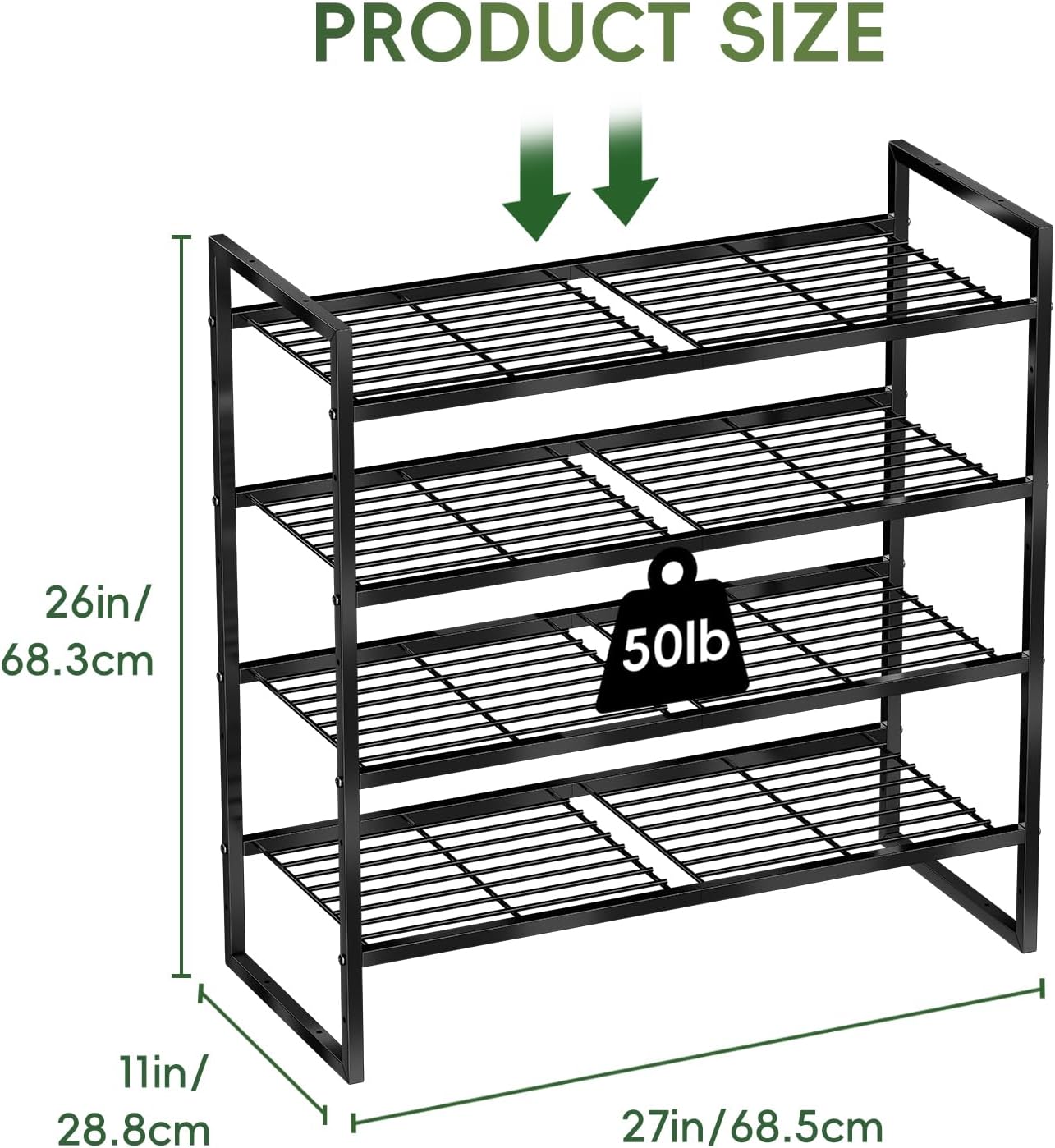 Shoe Rack 4 Tier, Stackable Shoe Shelf for Closet, 27" Wide Sturdy Metal Wire Shoe Storage Organizer, Black image 2