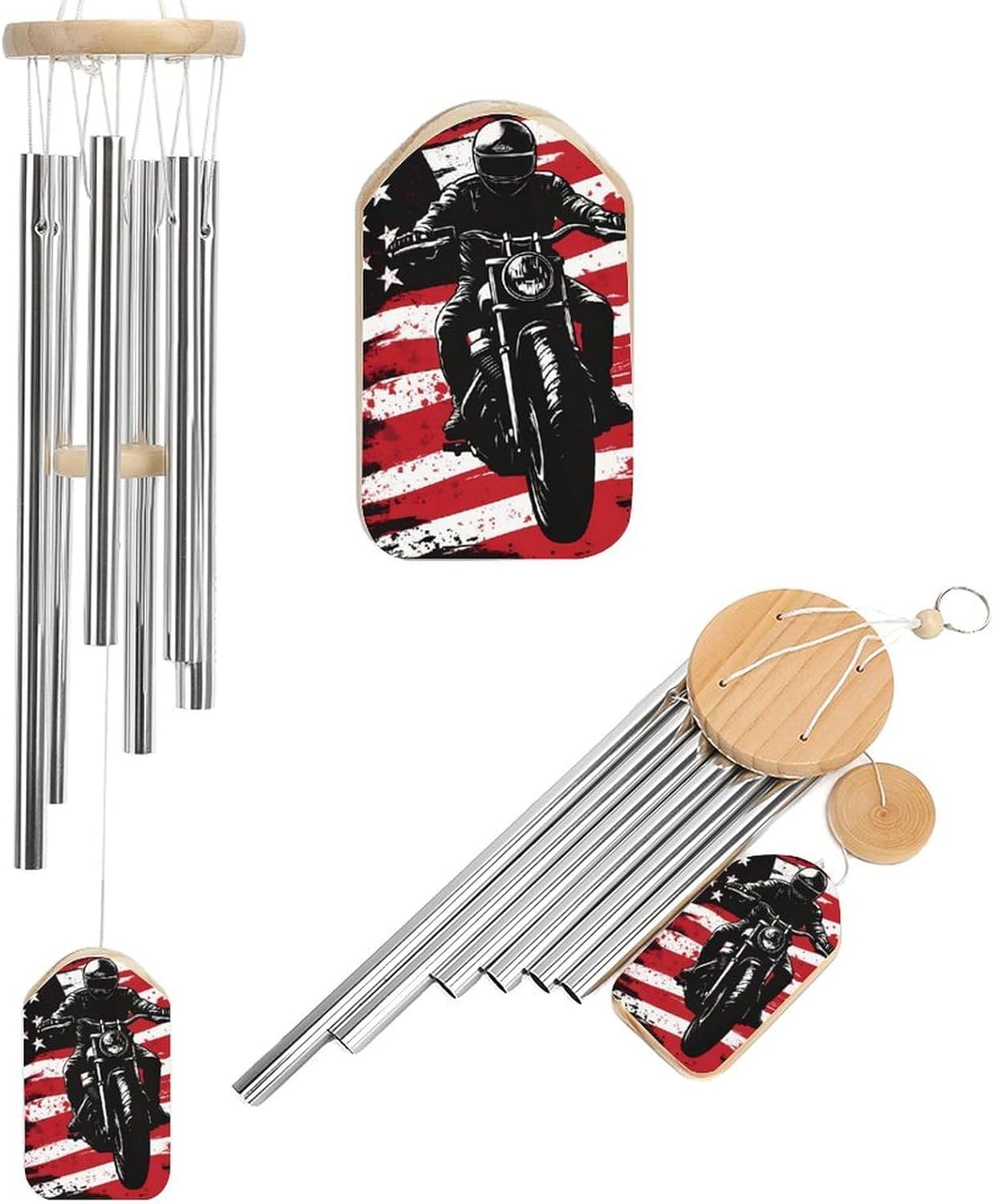 Motorbike Got Dirt U.S. Flag Wooden Wind Chimes Deep Tone Memorial Windchime for Outside Garden Home Decoration