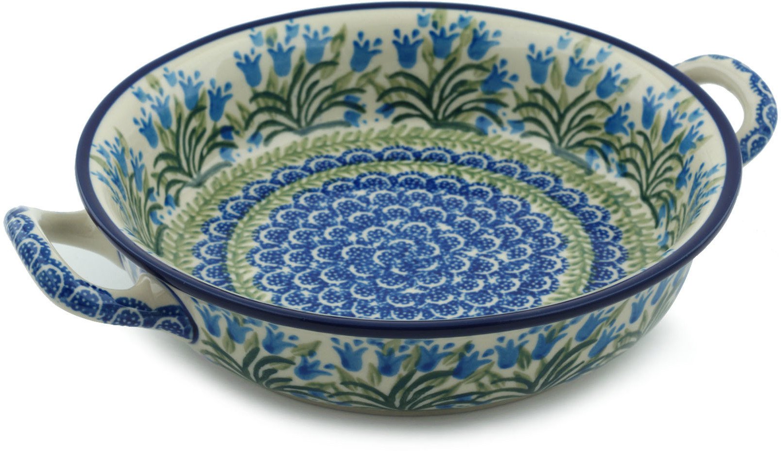 Polish Pottery Round Medium Baker with Handles (Feathery Bluebells) made by Ceramika Artystyczna