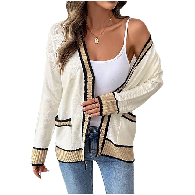Womens Open Front Long Sleeve Cardigan Sweaters Business Casual Color Block Outerwear Coats Fall Fashion Clothes