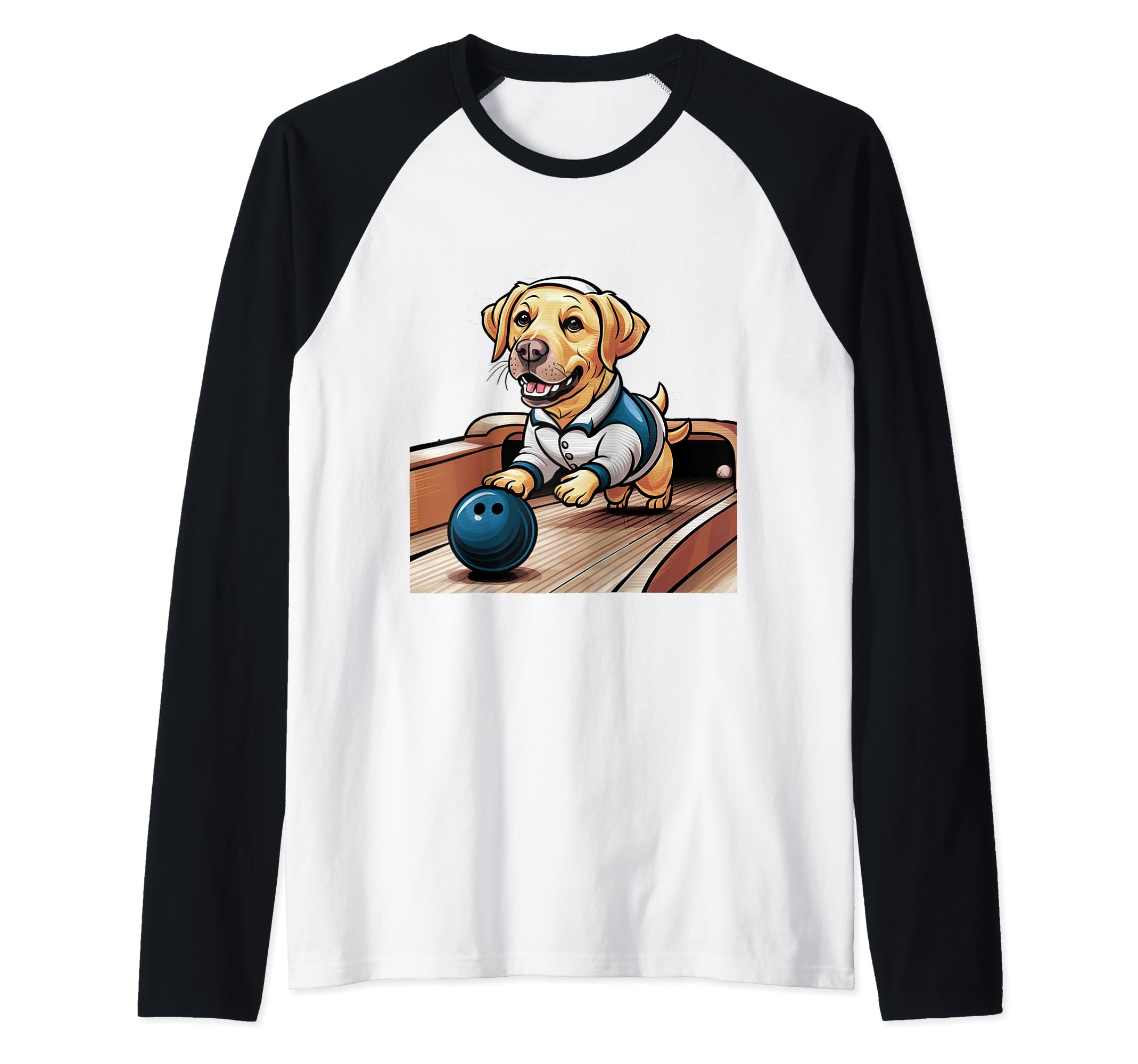 SmilefunteesFunny Yellow Lab Dog Bowling Sports Cartoon Raglan Baseball Tee