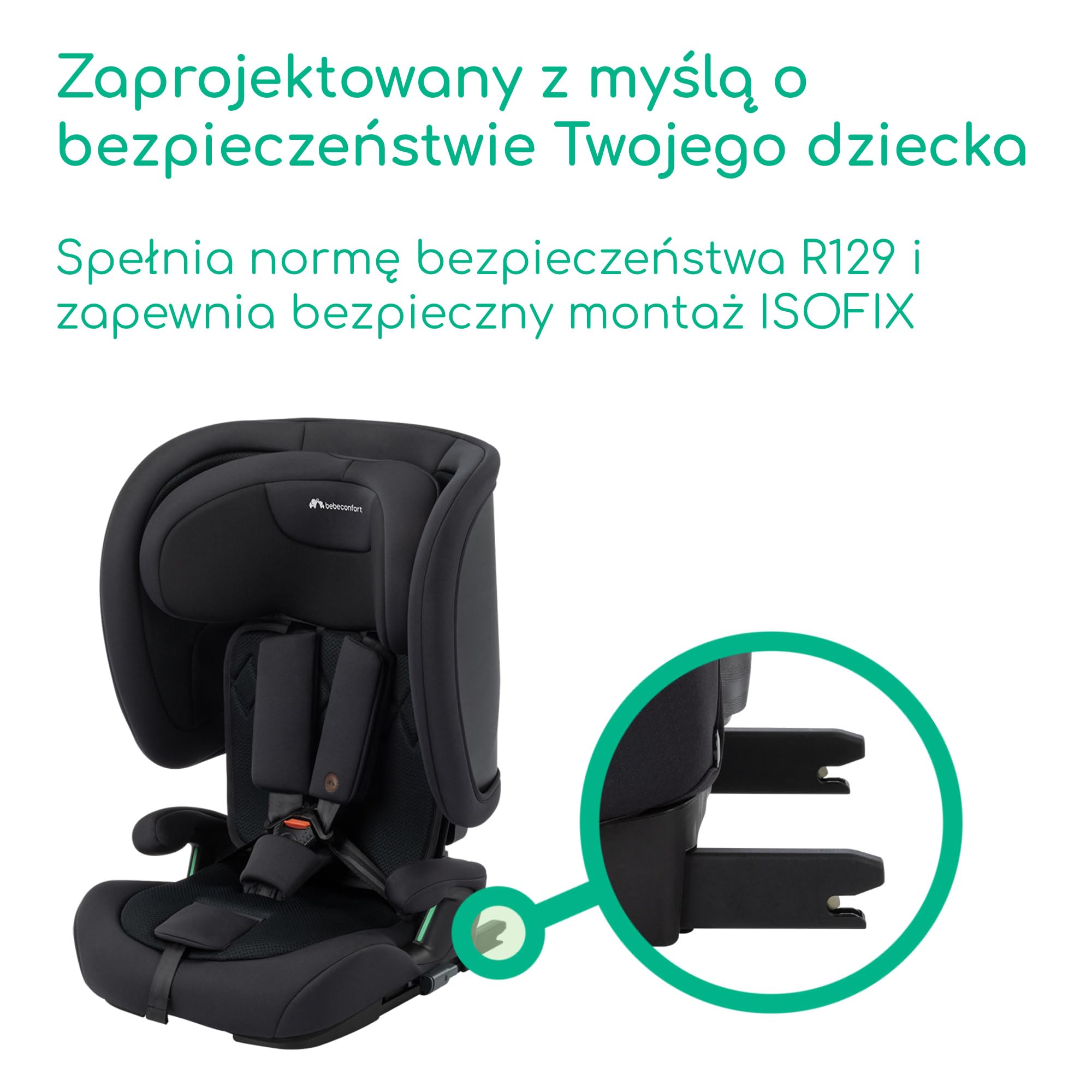 Bebeconfort Ever & Go i-Size, Ewolucyjny Fotelik Samochodowy, 15 Miesięcy - 12 Lat, 76-150 cm, Podróżny Fotelik Samochodowy ISOFIX, Kompaktowy i Lekki (6 kg), 15 Pozycji Zagłówka, Full Black