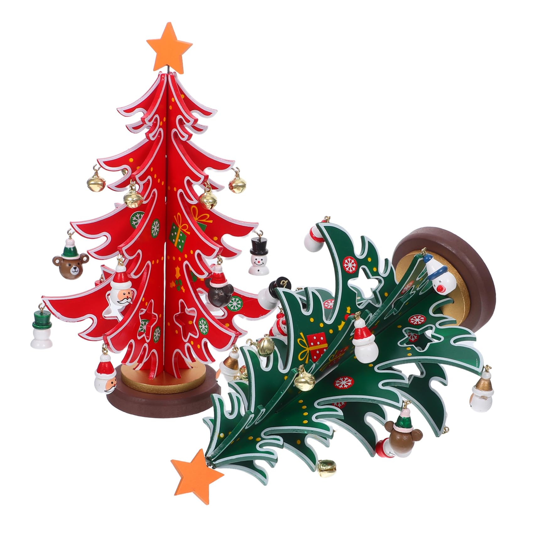 2 Piezas Mini Árbol de Navidad de Madera con Adornos Decoración de Mesa para Fiesta Navideña Centro de Mesa Festivo Diseño Artesanal Detallado y Natural