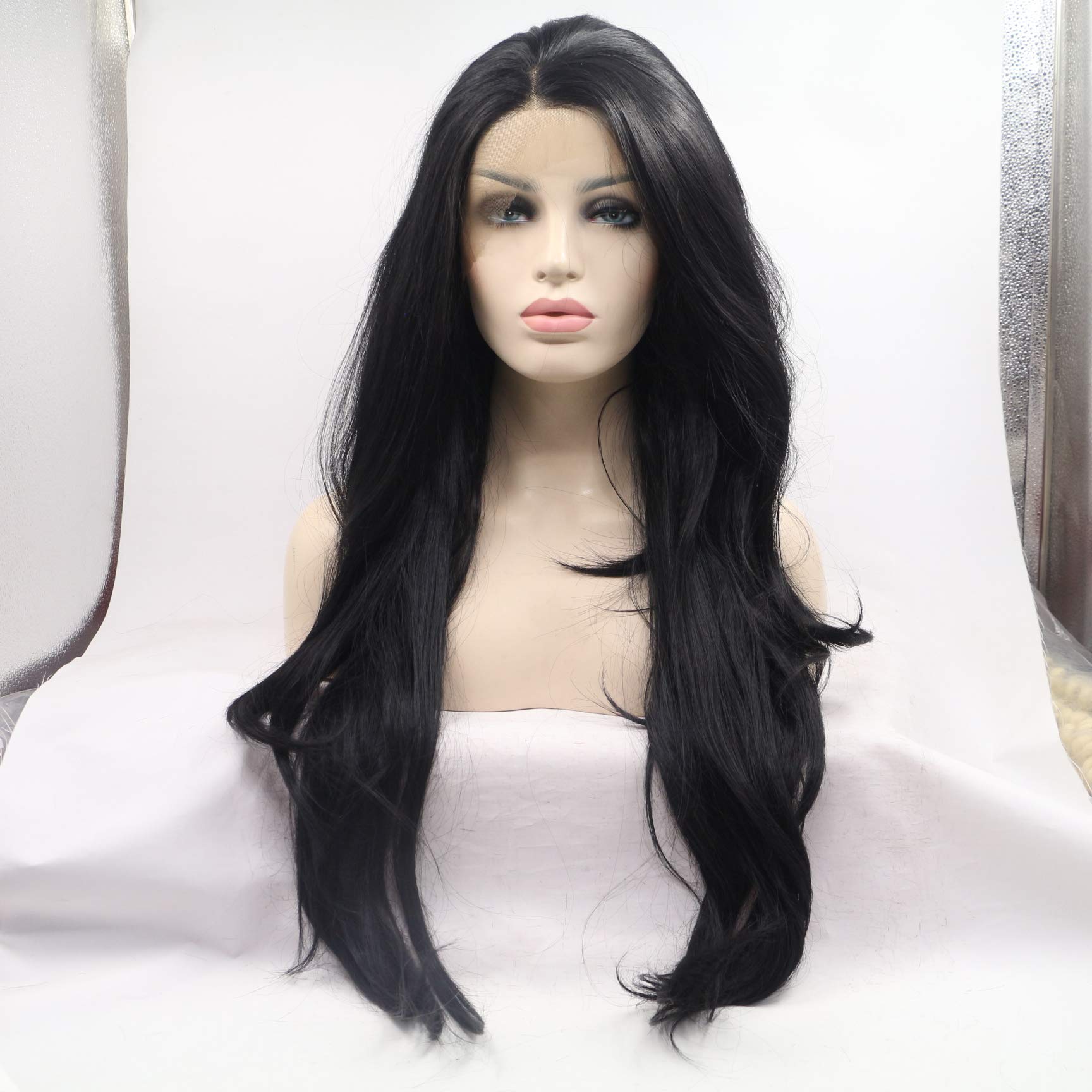 Xiweiya 1B Black Natura Wavy Synthetic Lace Front Wigs Glueless Black Lace Front Wigs Natural Hairline Hair Heat Resistant Fiber Lace Front Wig 24Inch for Women