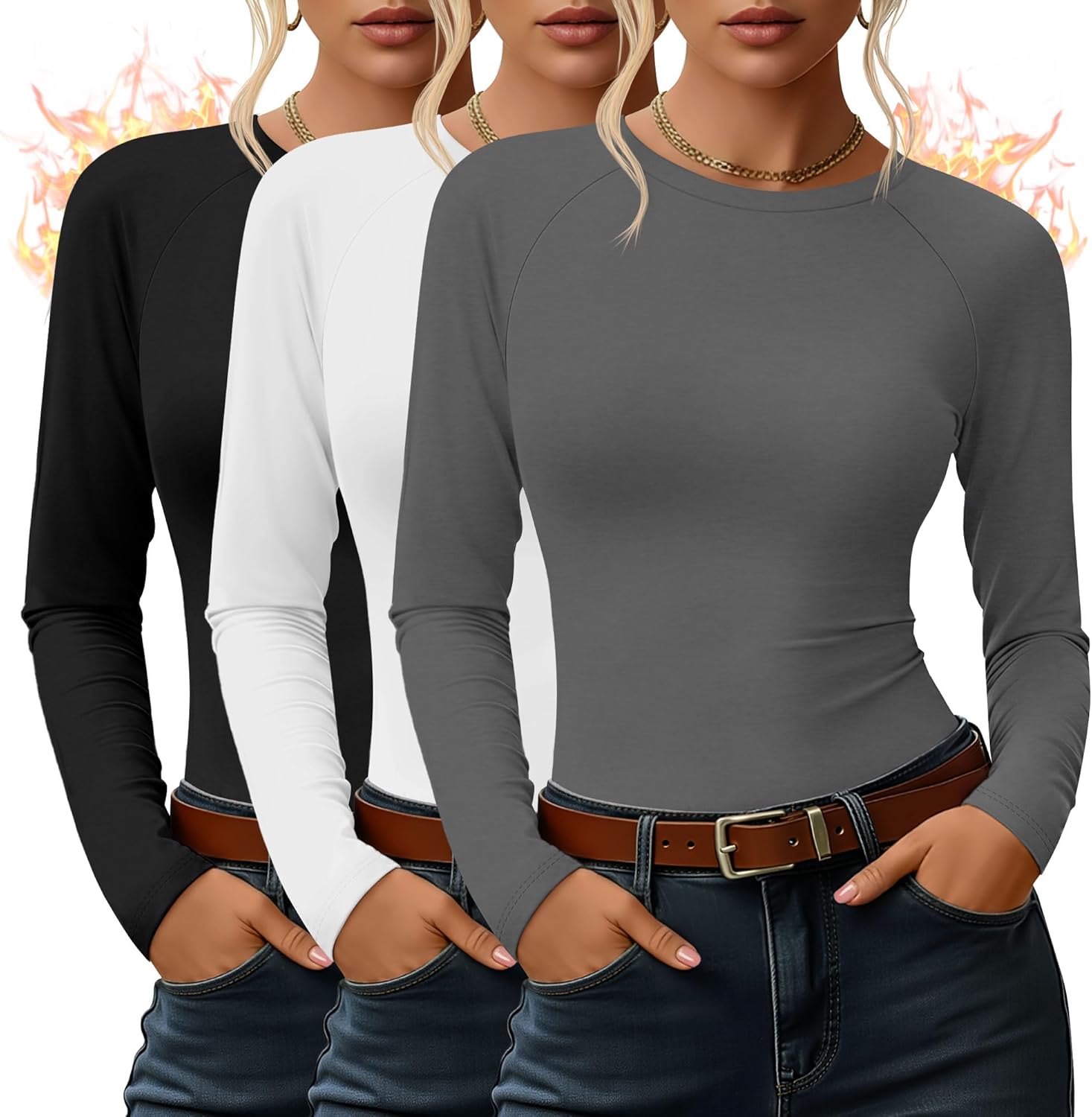 3 Pack Women's Thermal Shirts Fleece Lined Long Sleeve Top Crew Neck Raglan Thermal Winter Base Layer Undershirts