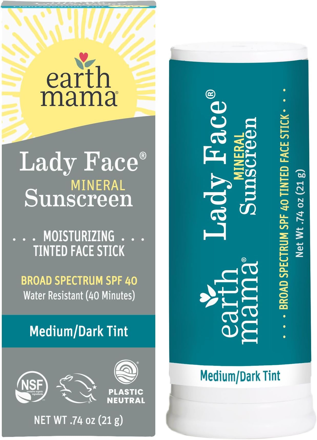 Earth Mama Lady Face® Tinted Mineral Sunscreen Stick, SPF 40 Medium/Dark Tint | Contains Organic Shea & Cocoa Butter | Foundation + Concealer + Contour, Blends with Most Skin Tones