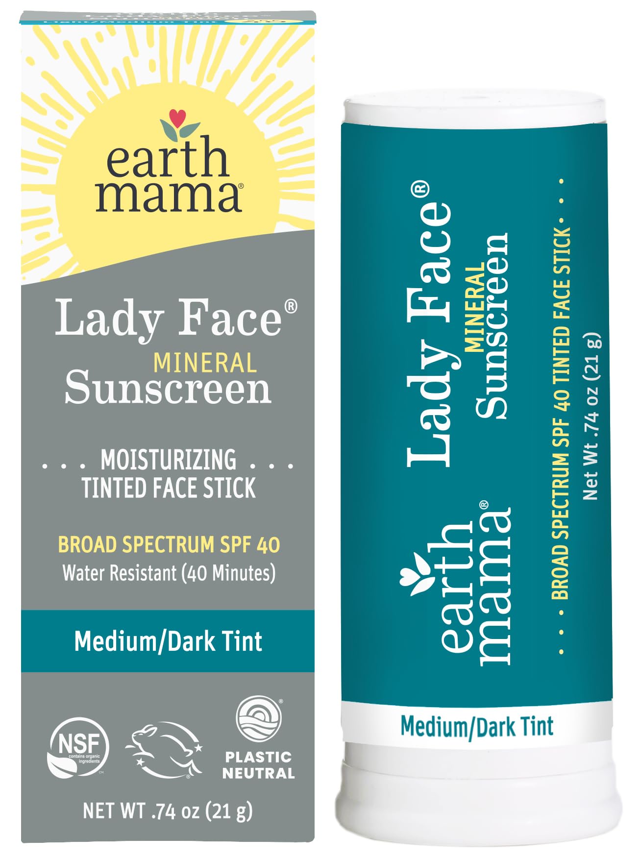 Lady Face Tinted Mineral Sunscreen Stick SPF 40 Set by Earth Mama (2 Pack)
