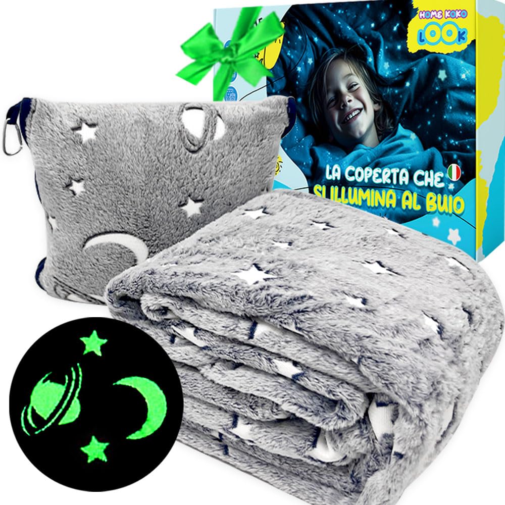 Glow Fun! Manta Polar Brillante en la Oscuridad Manta de Franela Suave para Came de Estrellas Manta Cálida para Niños Niñas Mantas Luminosas Manta De Viaje con clip para mochila 130x150cm - Gris