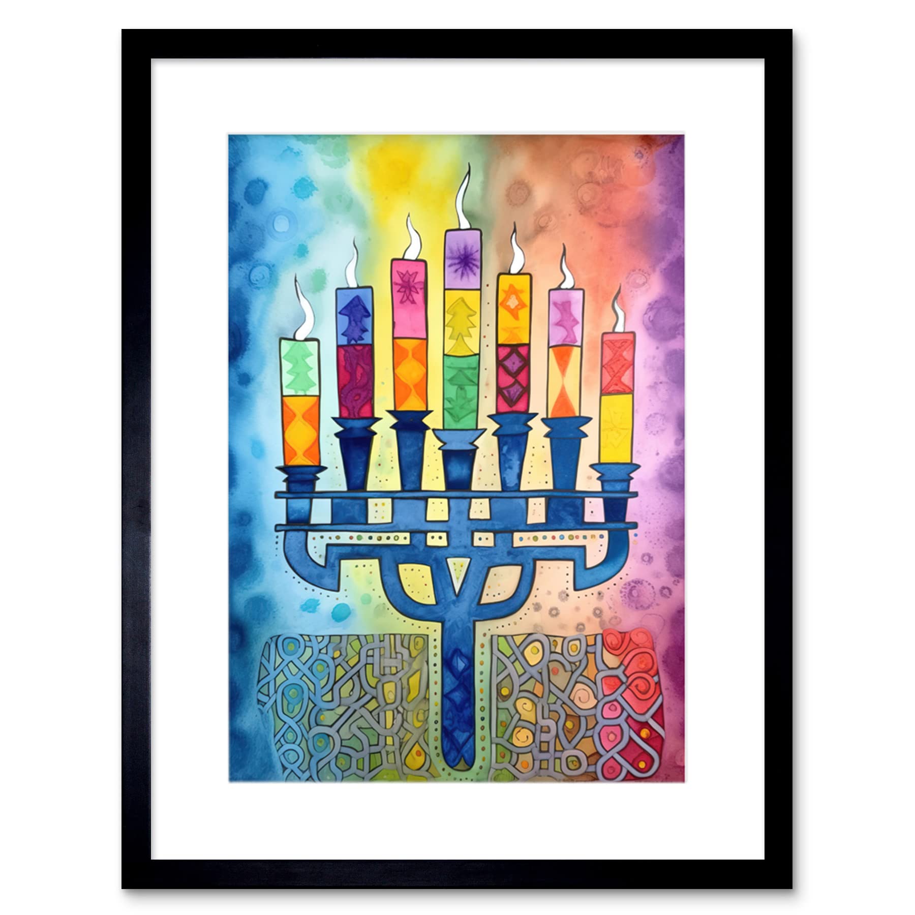 Artery8 Jewish Menorah Candles Multicolour Folk Art Watercolour Painting Artwork Framed Print Wall Art 9X7 Inch