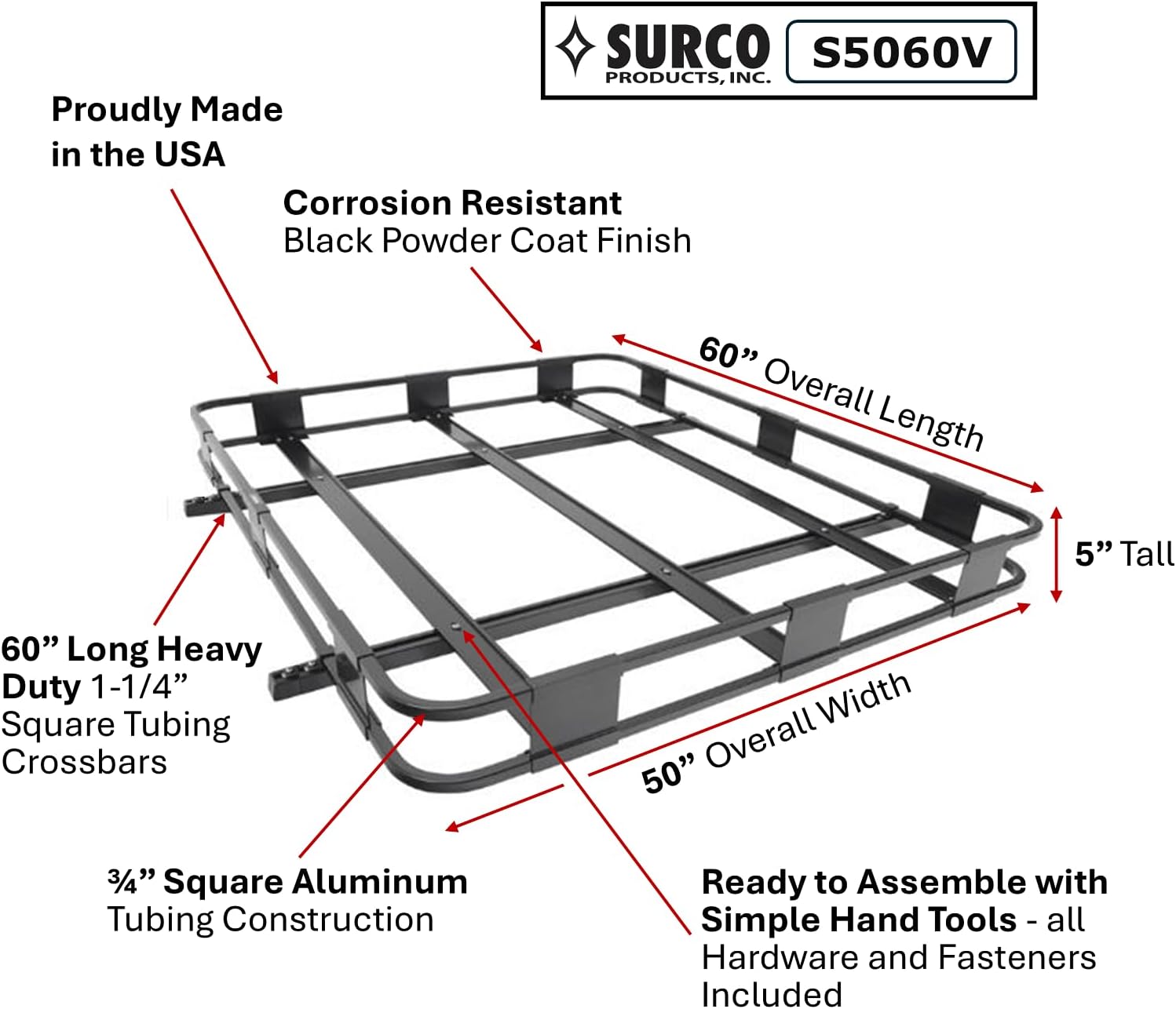 Surco S5060V Safari Roof Basket and 60" Cargo Bars for Full-Size Vans - Lightweight Aluminum Basket with Black Powder Coat Finish Measures 50" Wide x 60" Long x 5" Tall; Simple Assembly Required