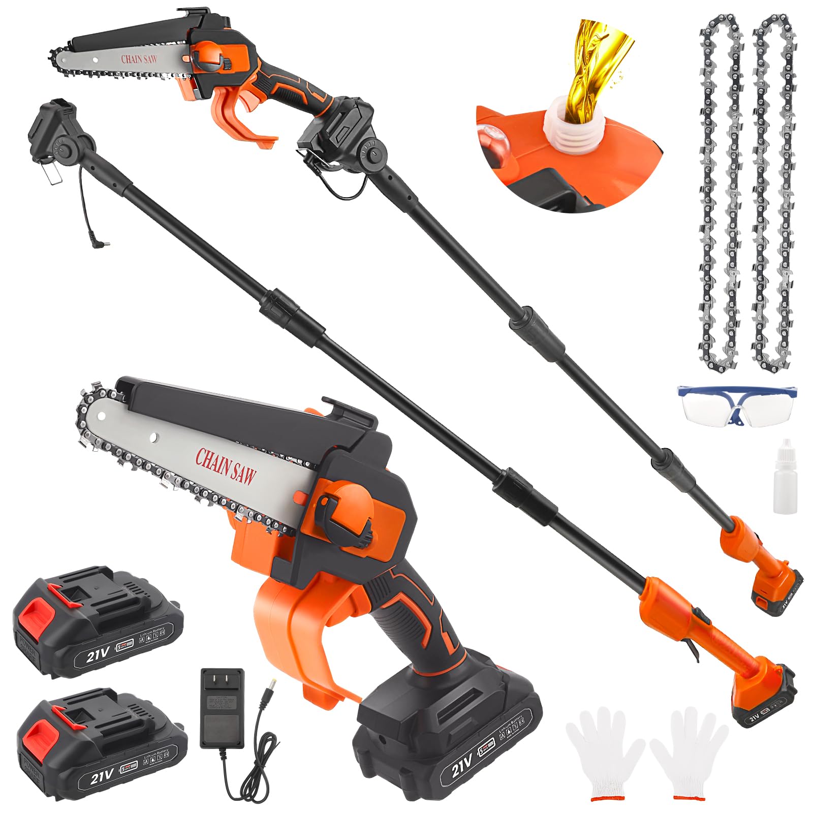 2 in 1 Mini Motosega a Batteria 6 Pollici, 21 V Sega a Batteria per Potatura con Asta di Prolunga da 1,32 a 2,3 m, Motosega Elettrica con 2 Batterie e Caricabatteria per Potatura di Alberi e Siepi