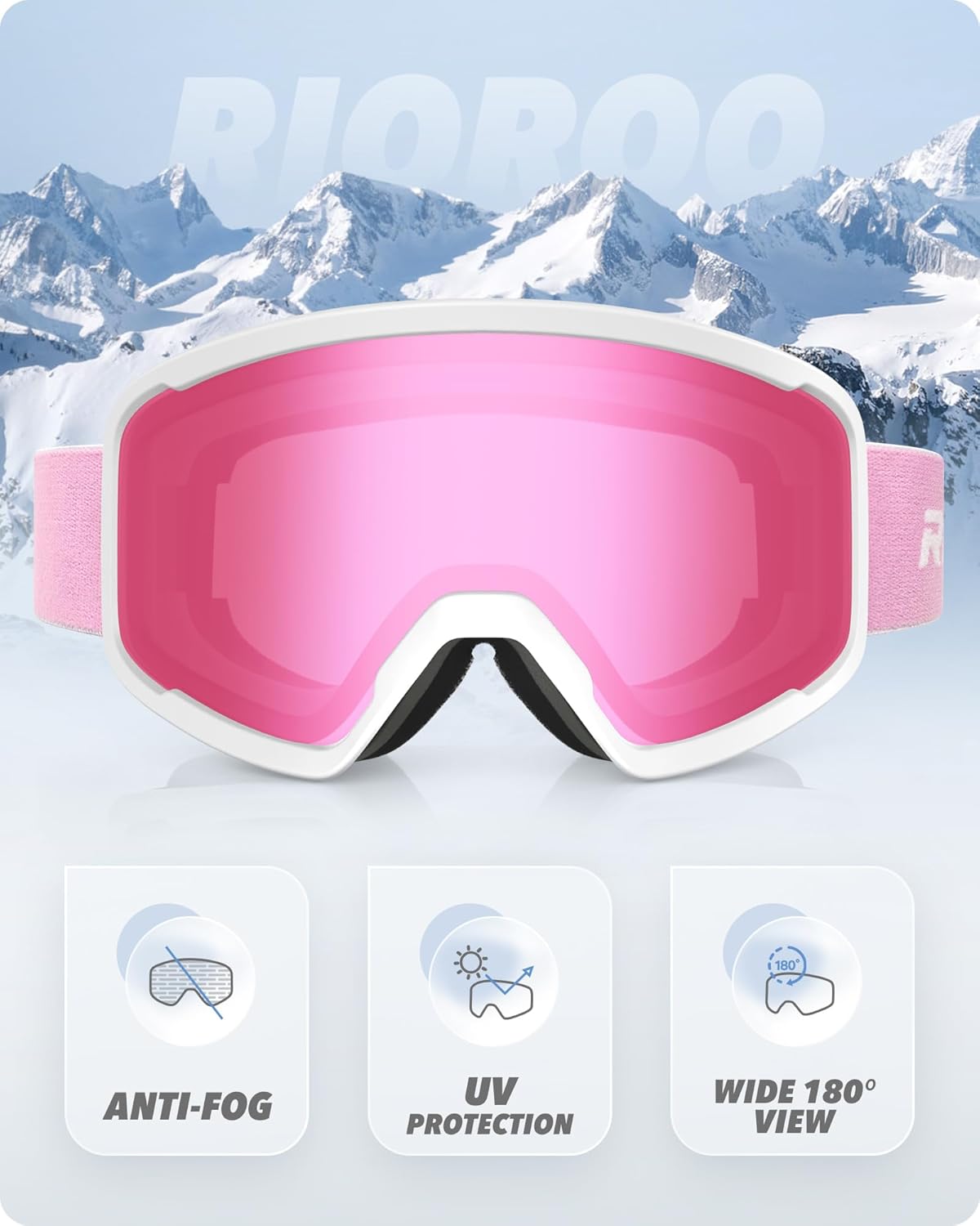 ski/snowboard goggles for men women, otg snow goggles anti fog 100% uv protection snowboarding goggles a02-white/revo pink