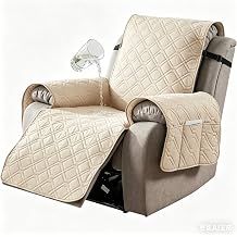 100% Waterproof Recliner Chair Cover, Non-Slip Washable Recliner Slipcover with Elastic Straps & Side Pocket, Stay in Place Furniture Protector for Dogs Cats Kids Beige, 23