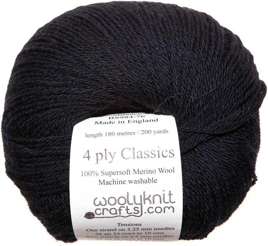 50g Balls of Woolyknit 4ply Classics| 100% Merino Wool, Fingering Hand Knitting Yarn (Jet Black)