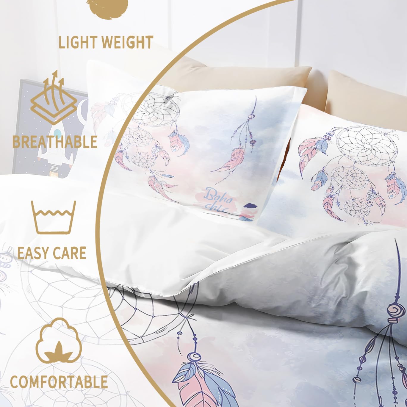 CHEFFS Boho Traumfänger Bettwäsche Set, Feder Traumfänger Bettbezug mit Kissenbezügen, Weiche Mikrofaser Bettwäsche, Boho Chic Schlafzimmer Deko(220x240cm+2*Kissenbezüge 80x80cm)