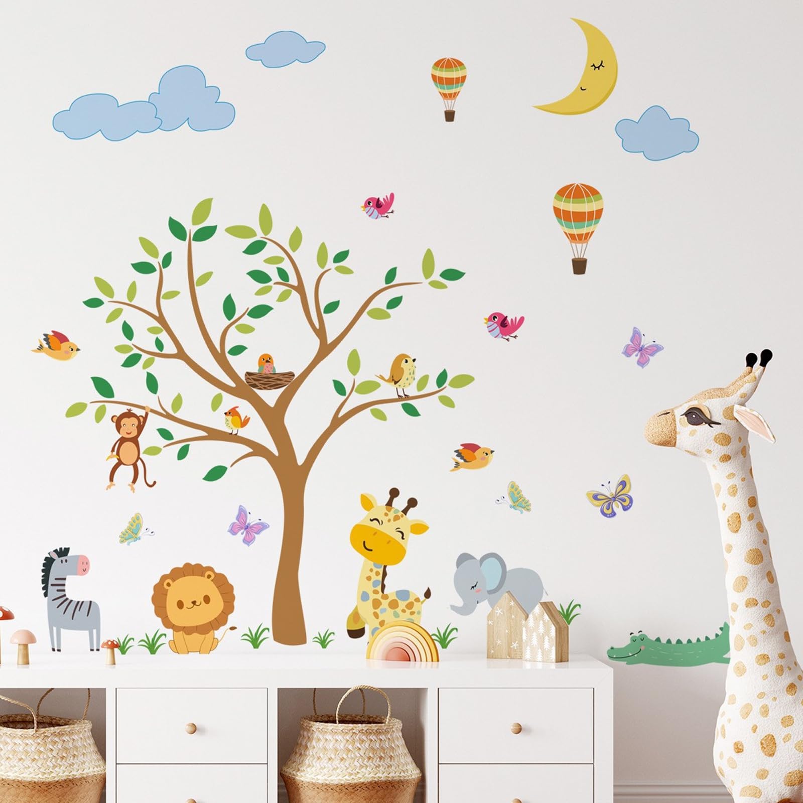 Jungle Animals Tree Wall Decals Elephant Giraffe Lion Safari Wall Stickers Baby Nursery Kids Bedroom Living Room Wall Decor and Creativity for Transforming Nursery Classroom Etc