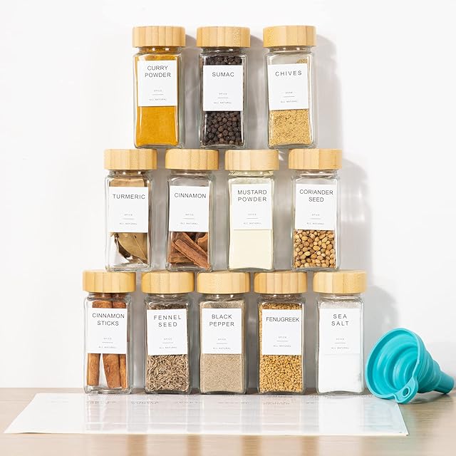 Yangbaga 12PCS Glass Spice Jars set-Glass Jars With Bamboo Lids with Shaker Lids- Spices & Seasoning -Kitchen Storage & Organisation of Spice Jars With Lids And Labels Stickers