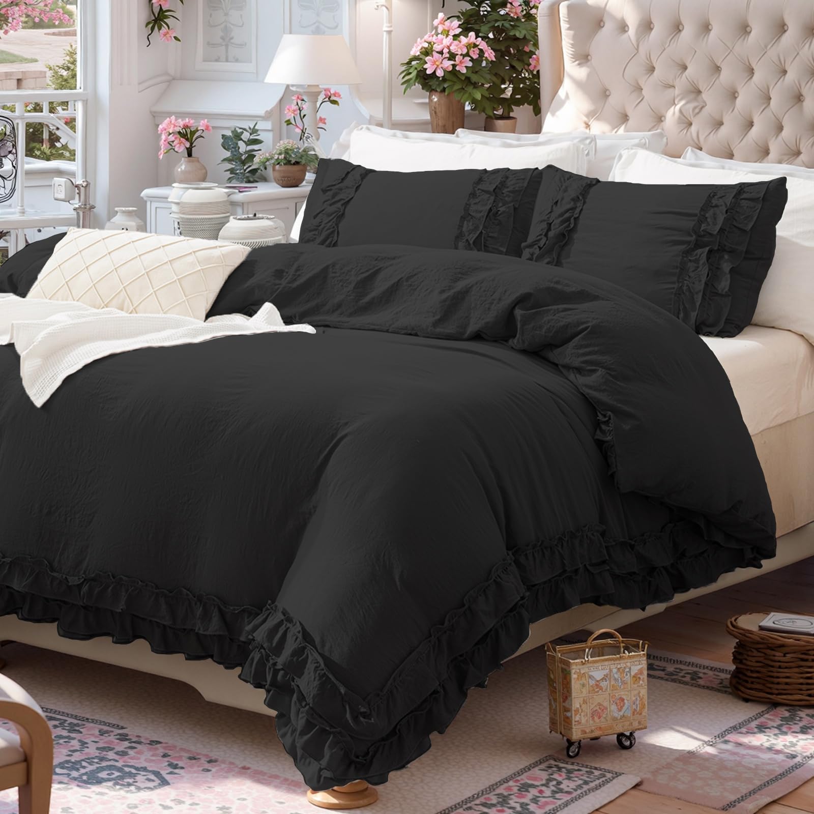 Herside Ruffled Bedding Set King Solid Black Duvet Cover Set Luxury Cute Bedding Cover Home Decor Reversible Easy Care Bedding Sets for Girls Adult - Image 4