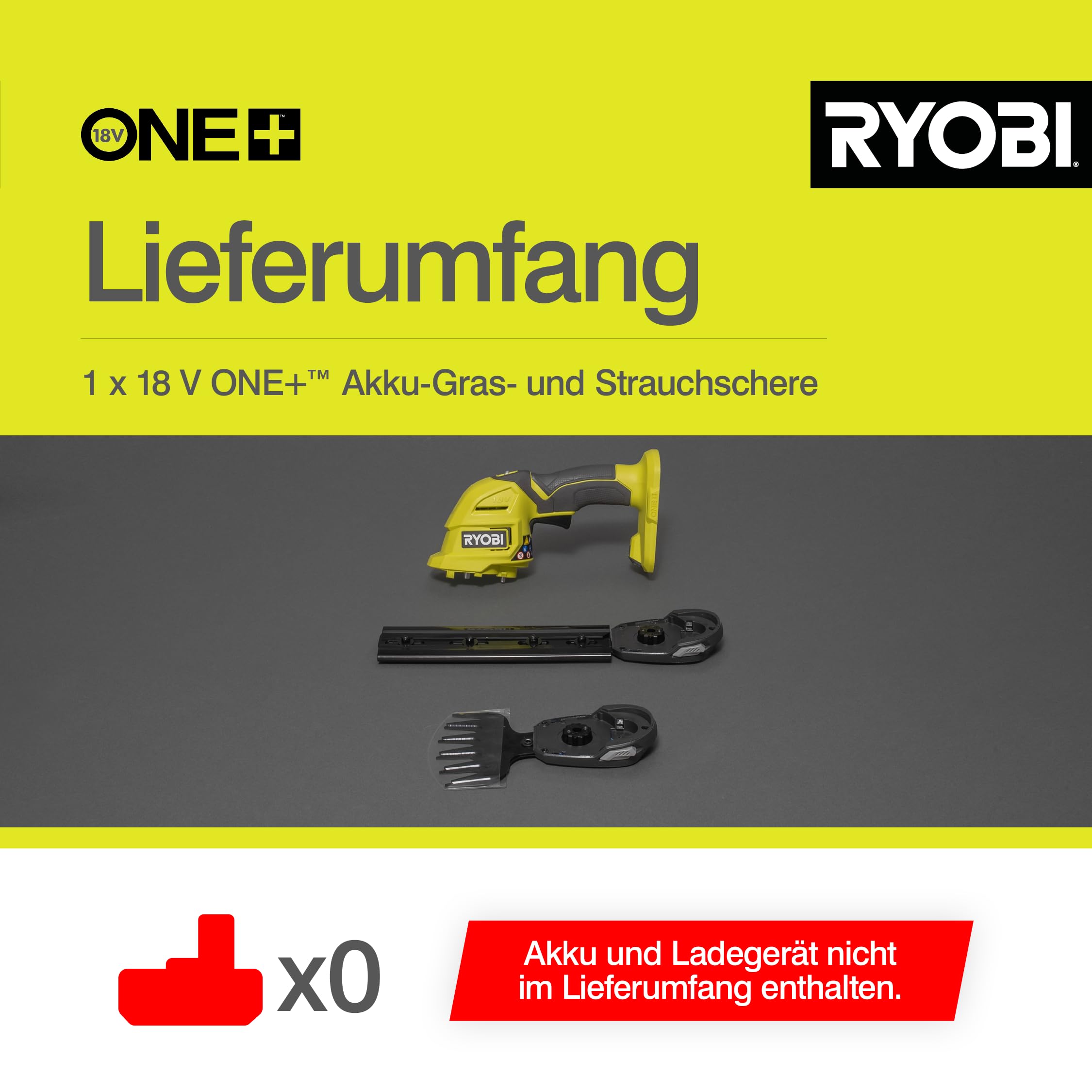 RYOBI 18 V ONE+ Akku-Gras- und Strauchschere RY18GSA-0 (Grasscherenmesser 12 cm breit, Strauchmesser 20 cm lang, werkzeuglose Messertausch, ohne Akku & Ladegerät im Karton)