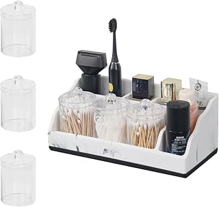 Marble Bathroom Organizer Set with 3-in-1 Toothbrush, Qtip & Toothpaste Holder - Countertop Vanity Storage with Drainage Design