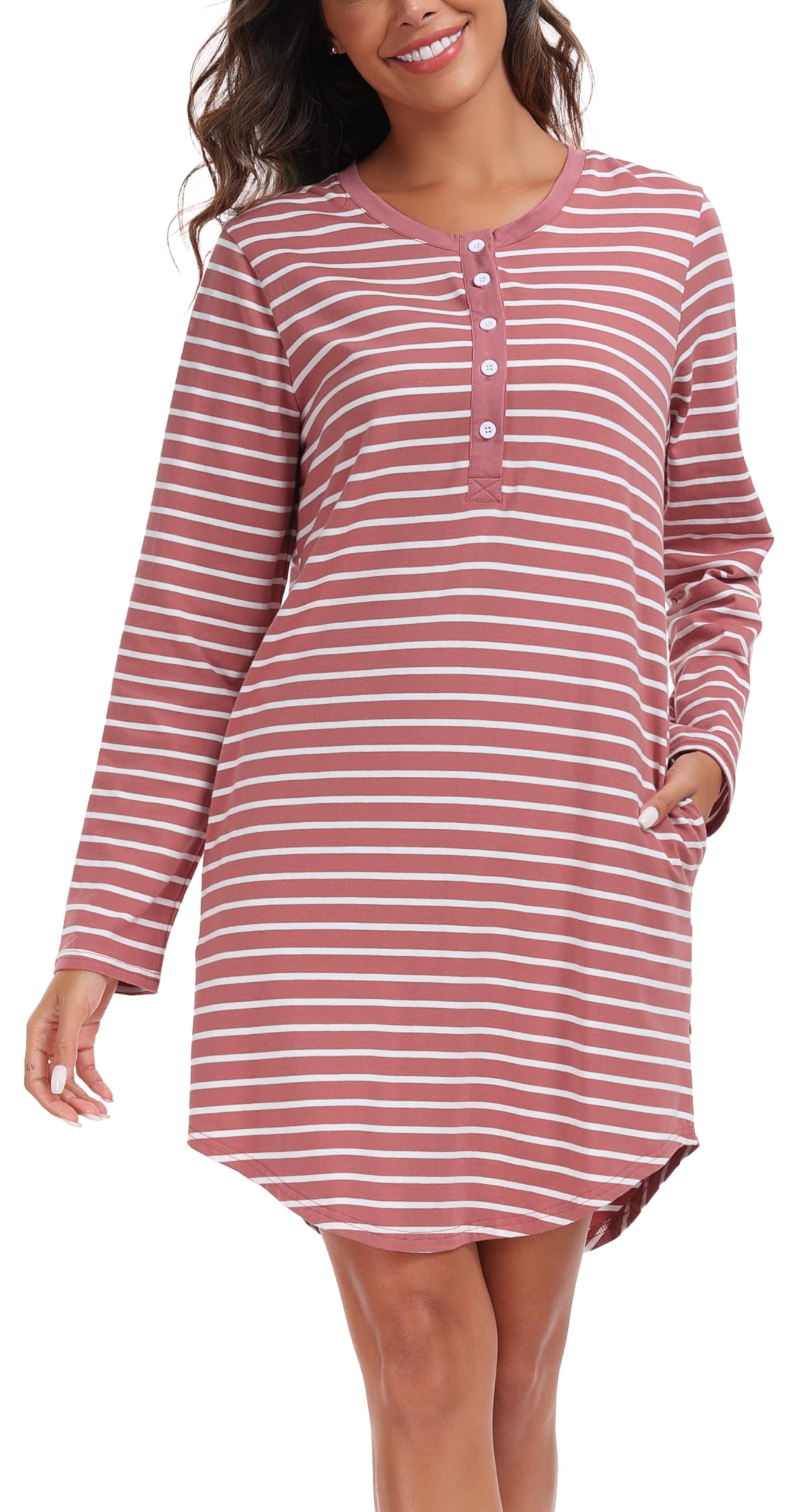 Vlazom Women's Nightgowns Soft Cotton Stripe Nightdress Short Sleeve Night Shirt Sleepwear with Pockets S-XXL