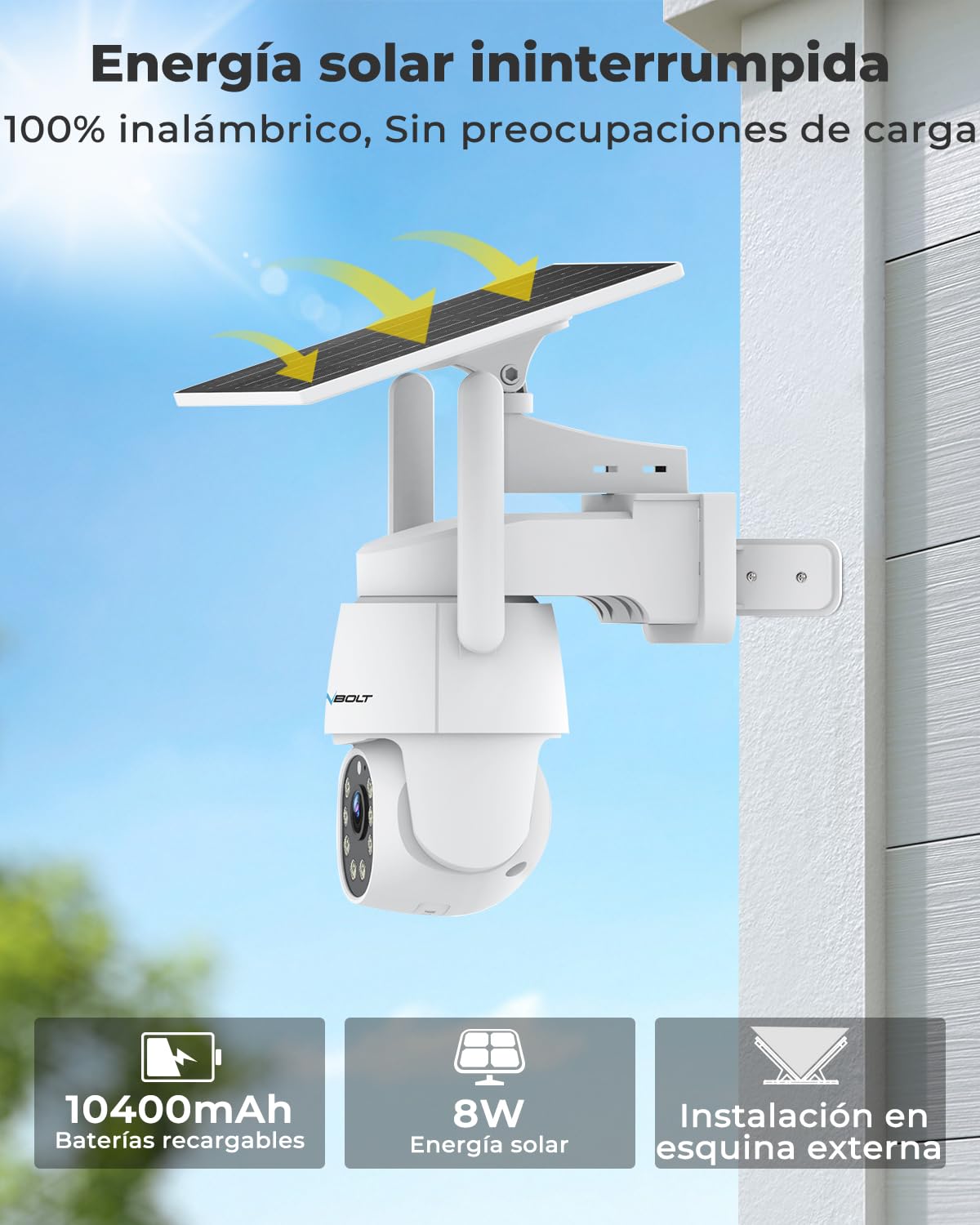 GENBOLT 2K AOV Cámara Vigilancia WiFi Exterior Solar Batería,Grabación 24/7 | Inalámbrica IP Cámara Seguridad sin Cables, Detección AI de 90 pies, 2,4/5GHz, PTZ 360°, 8W y 10400 mAh Recargable, IP66