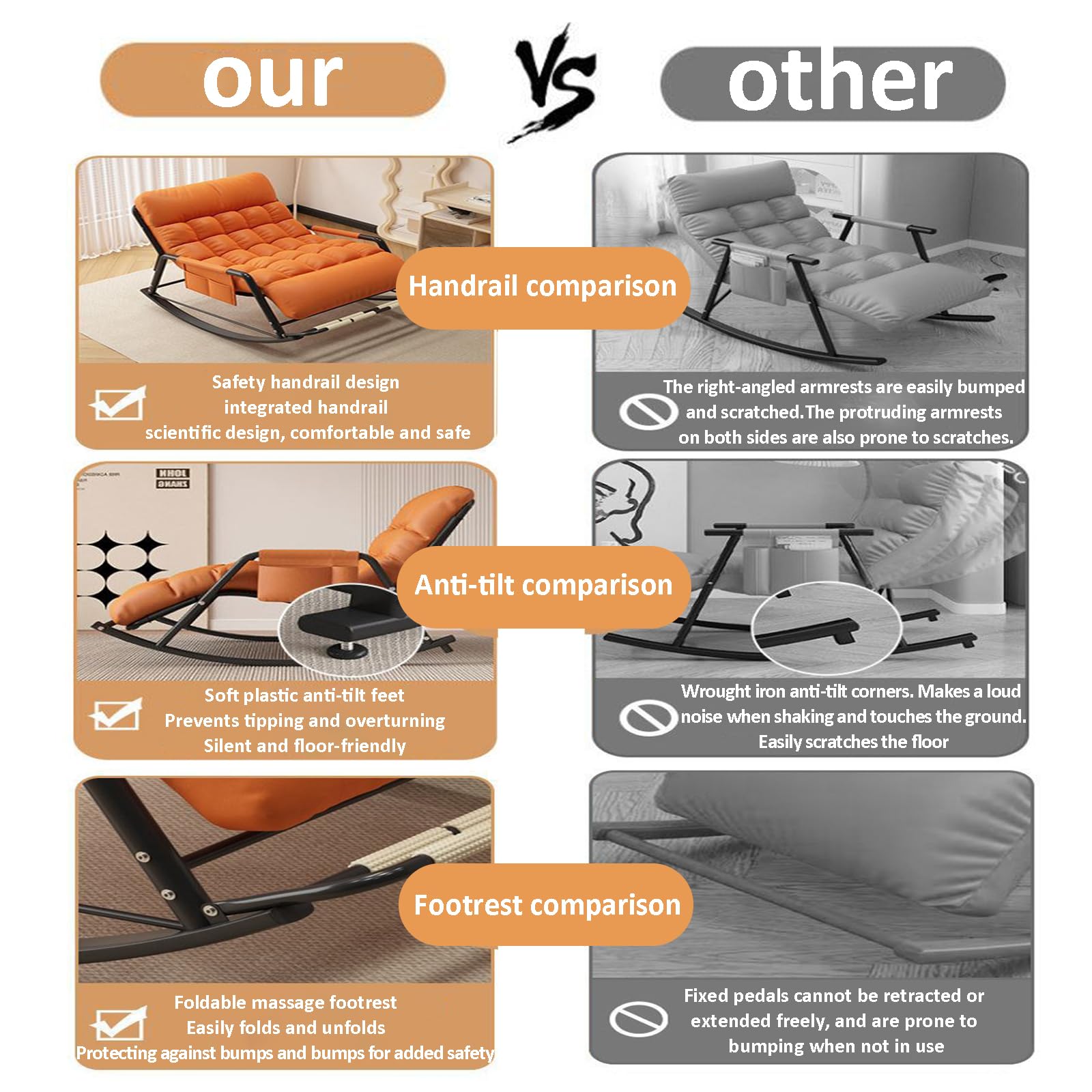 Rocking Chair, Dossier et Pied réglable, Tissu Résistant aux Griffes, Cadre en Acier Carbone, pour Intérieur et Extérieur, Gris & Orange, 93x111x50 cm, Charge Maximale 250 kg(Color:Gris)
