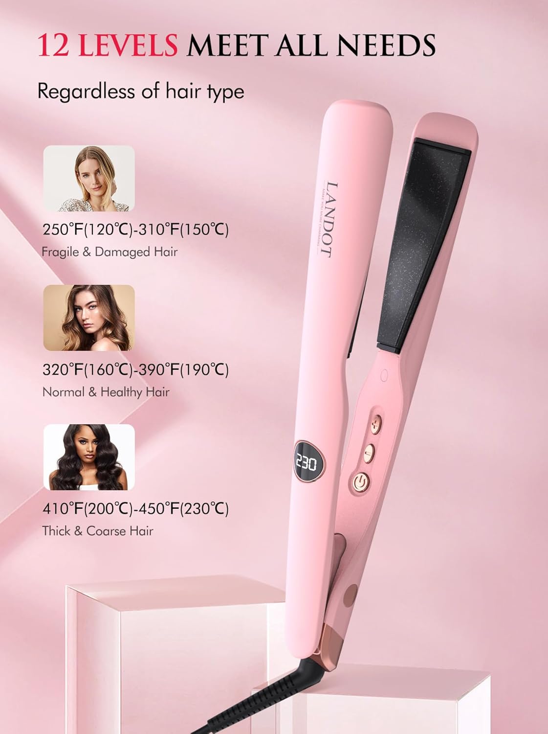 LANDOT 2-in-1 Hair Straightener and Curler - Twist Flat Curling Iron for Sleek Straight, Bouncy Curls, Beach Waves, Tourmaline Ceramic, Dual Voltage Adjust Temp 250-450°F All Hair Types, Color Pink - Image 5