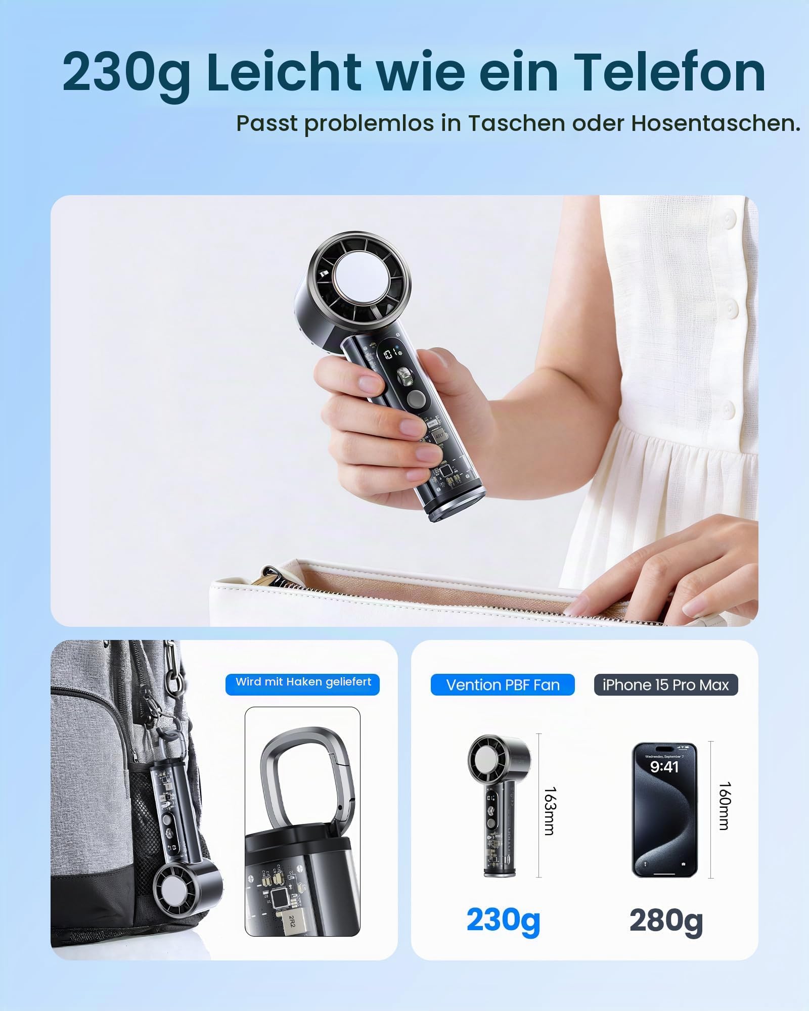 VENTION Handventilator Mini Handventilator USB-C 2-9h Betriebsdauer Reise Büro