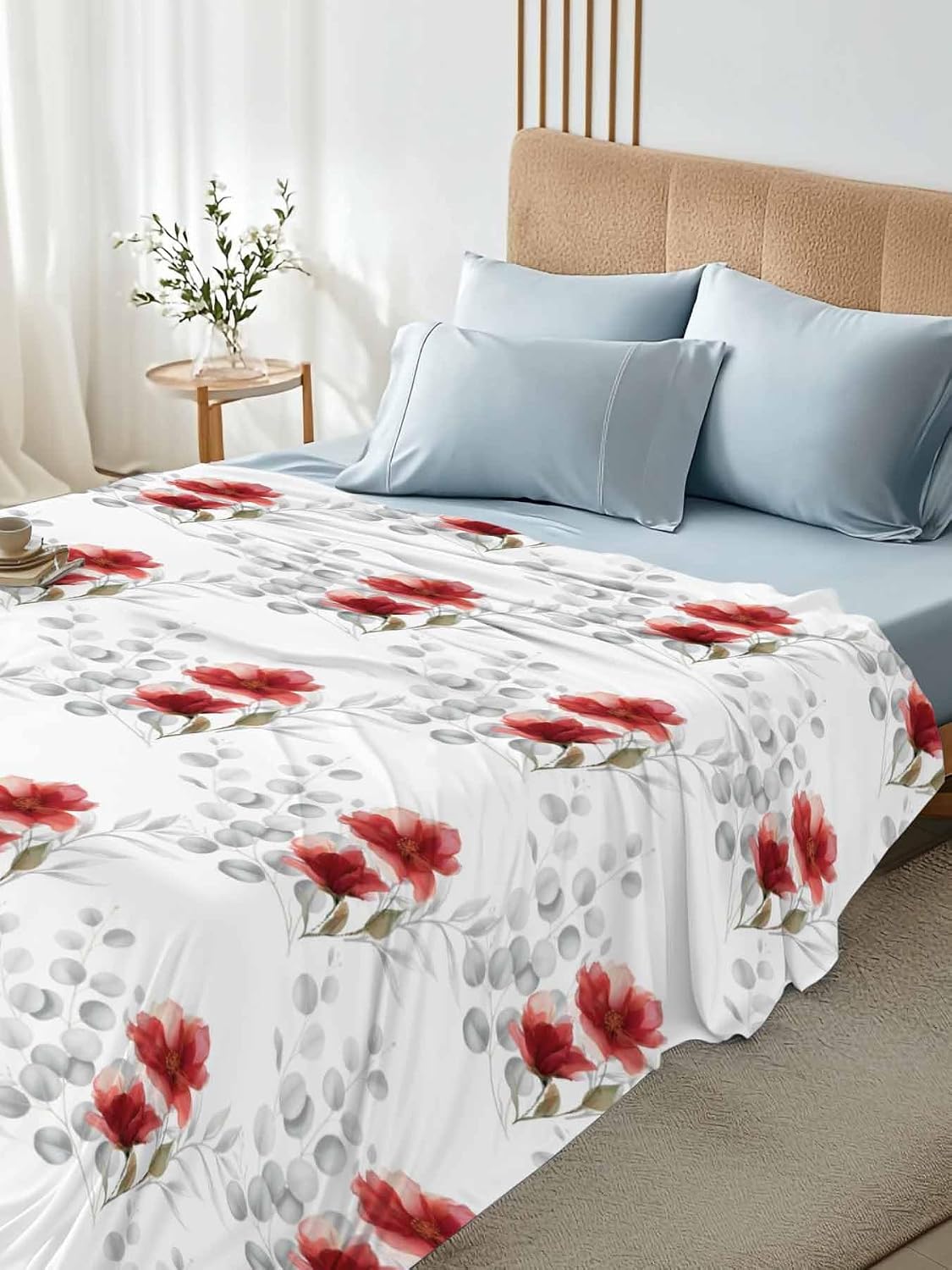 Top Sheet Full Bedding Flat Sheet Only, Spring Watercolor Red Poppy Flower Microfiber Bed Sheets Soft Breathable Bedding Flat Sheets, Gray Eucalyptus Leaves Hotel Luxury Top Sheets