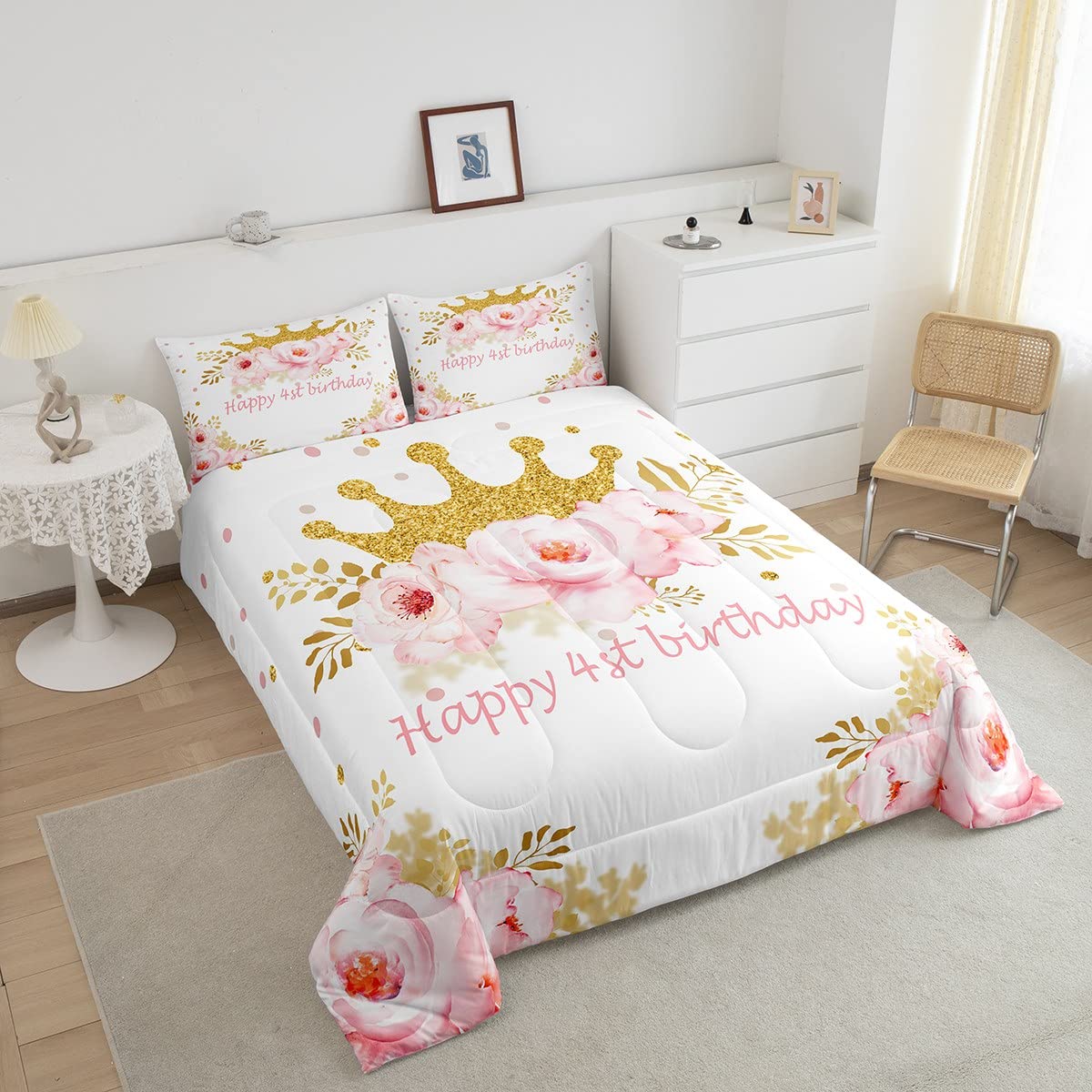 Juego de ropa de cama de 4 cumpleaños lindo juego de ropa de cama floral rosa para niños y niñas, edredón de fiesta de cumpleaños, juego de edredón floral botánico, 2 piezas de tamaño individual