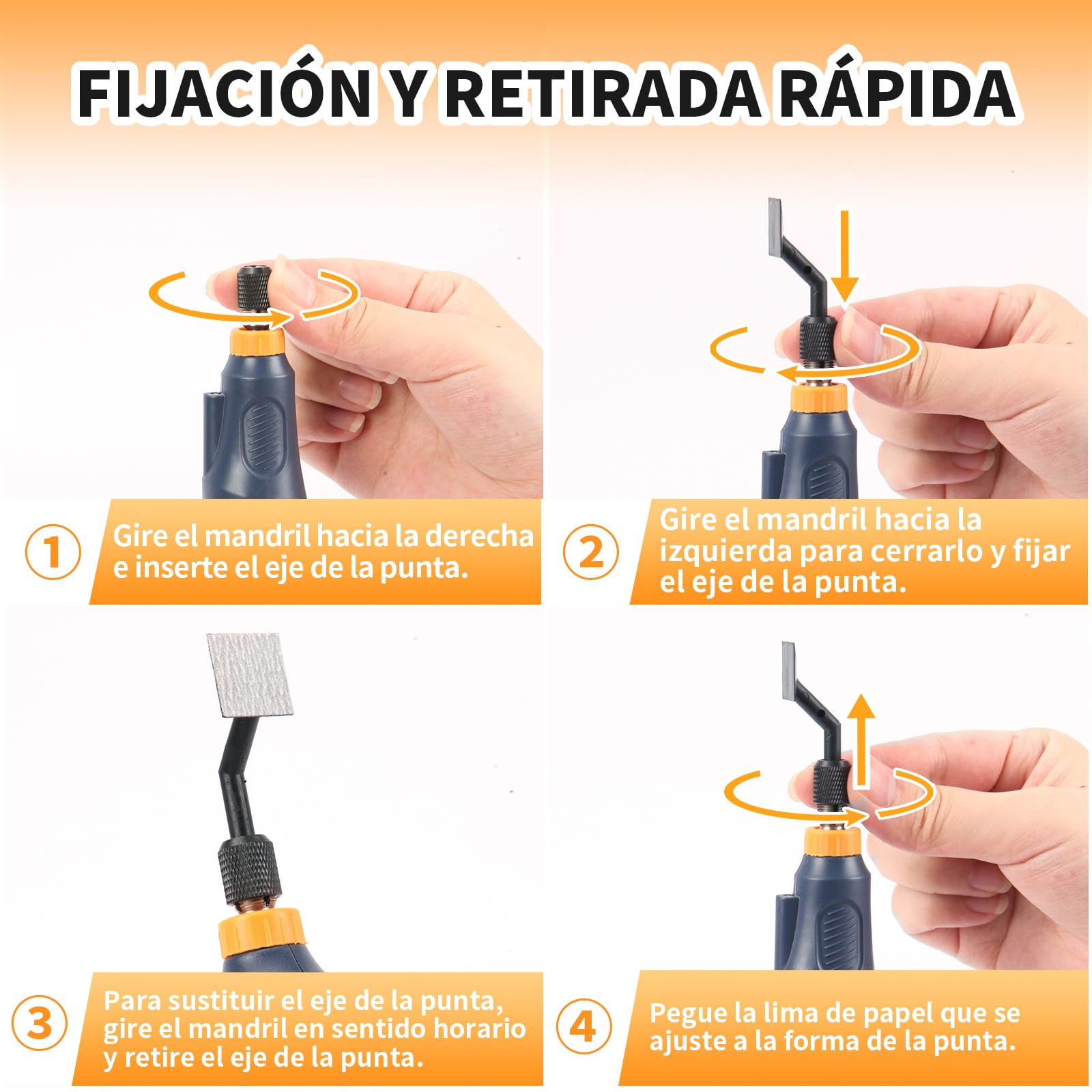 Lijadora recíproca, velocidad variable y carga USB con luz LED, lijadora de lápiz con 6 cabezales de lijado, ideal para lijar, pulir, acabar y manualidades DIY (Azul)