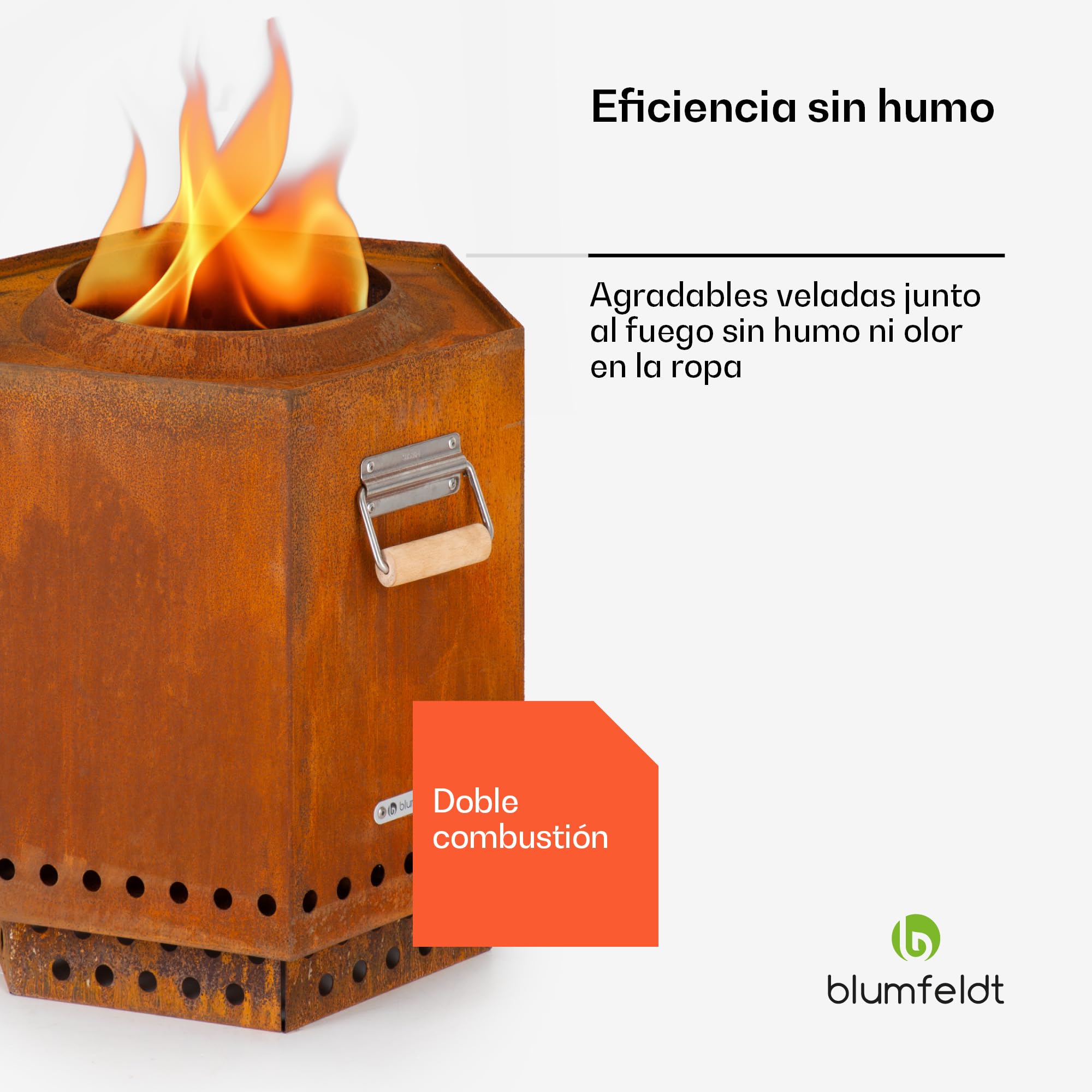 Blumfeldt Cuenco de Fuego, Hoguera móvil con Cubierta para la Lluvia, Asas de Madera, Mesa de Fuego para Exteriores, Chimenea de leña de Mesa con Vista 360°, Hoguera para el Patio y la terraza