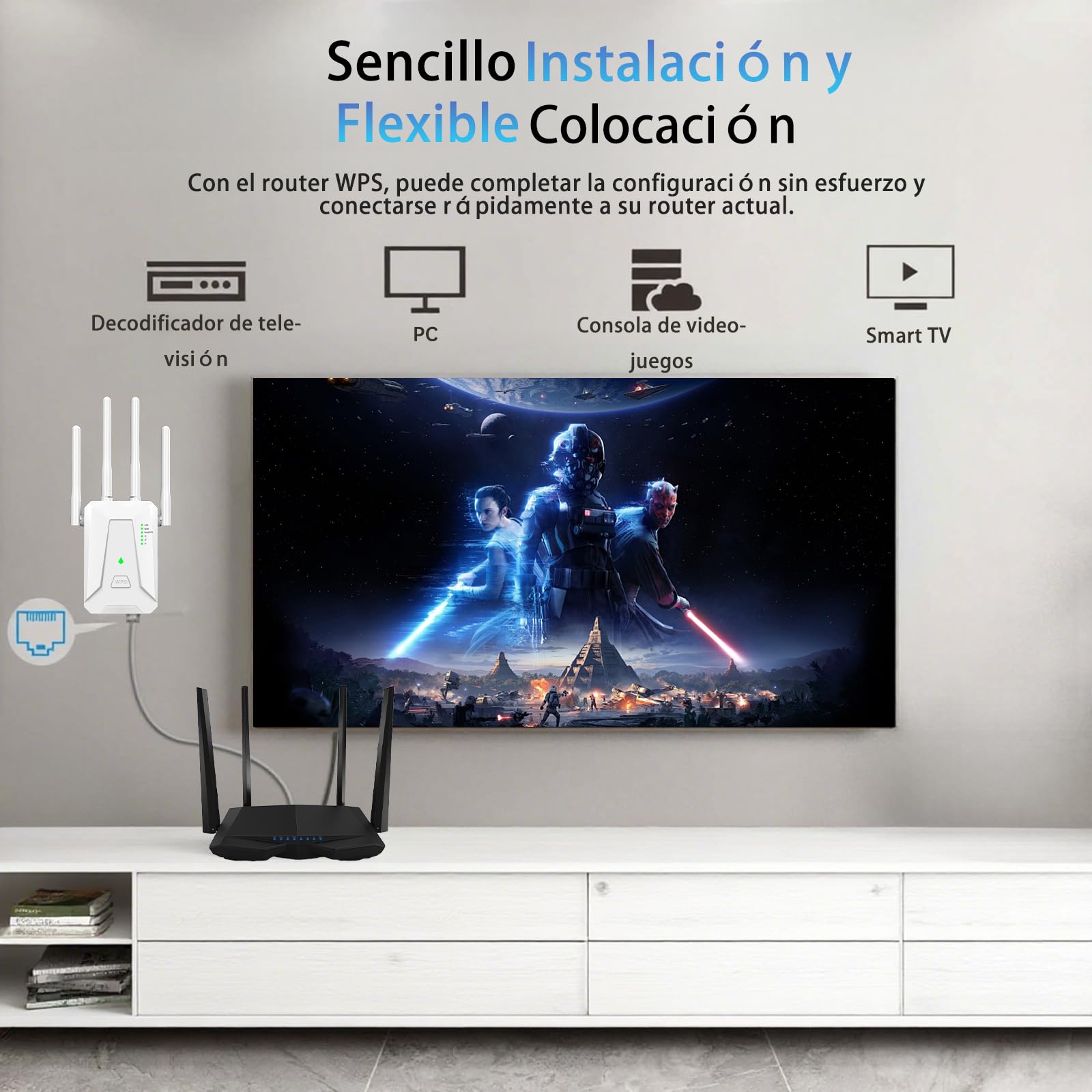 Repetidor WiFi Largo Alcance, Amplificador Señal WiFi 2.4 GHz con 4 Antenas, Extender con Puerto Ethernet 300 Mbps, Compatible con Todos los Routers, Botón Repetidor/Router/Ap (Blanco) — view 6