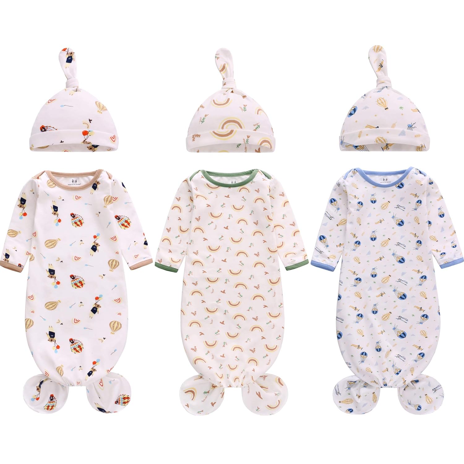 Newborn Knotted Nightgown Long Sleeve with Matching Hat Set 3 Pack, Unisex Baby Sleeper Gowns Coming Home Outfits Set with Mitten Cuffs for Boys Girls
